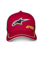 Cappello Trucker Alpinestars Exceed, rosso e nero, visiera curva con profilo verde lime, logo Alpinestars ricamato in 3D, retro in rete nera, corona strutturata, copricapo casual da motorsport
