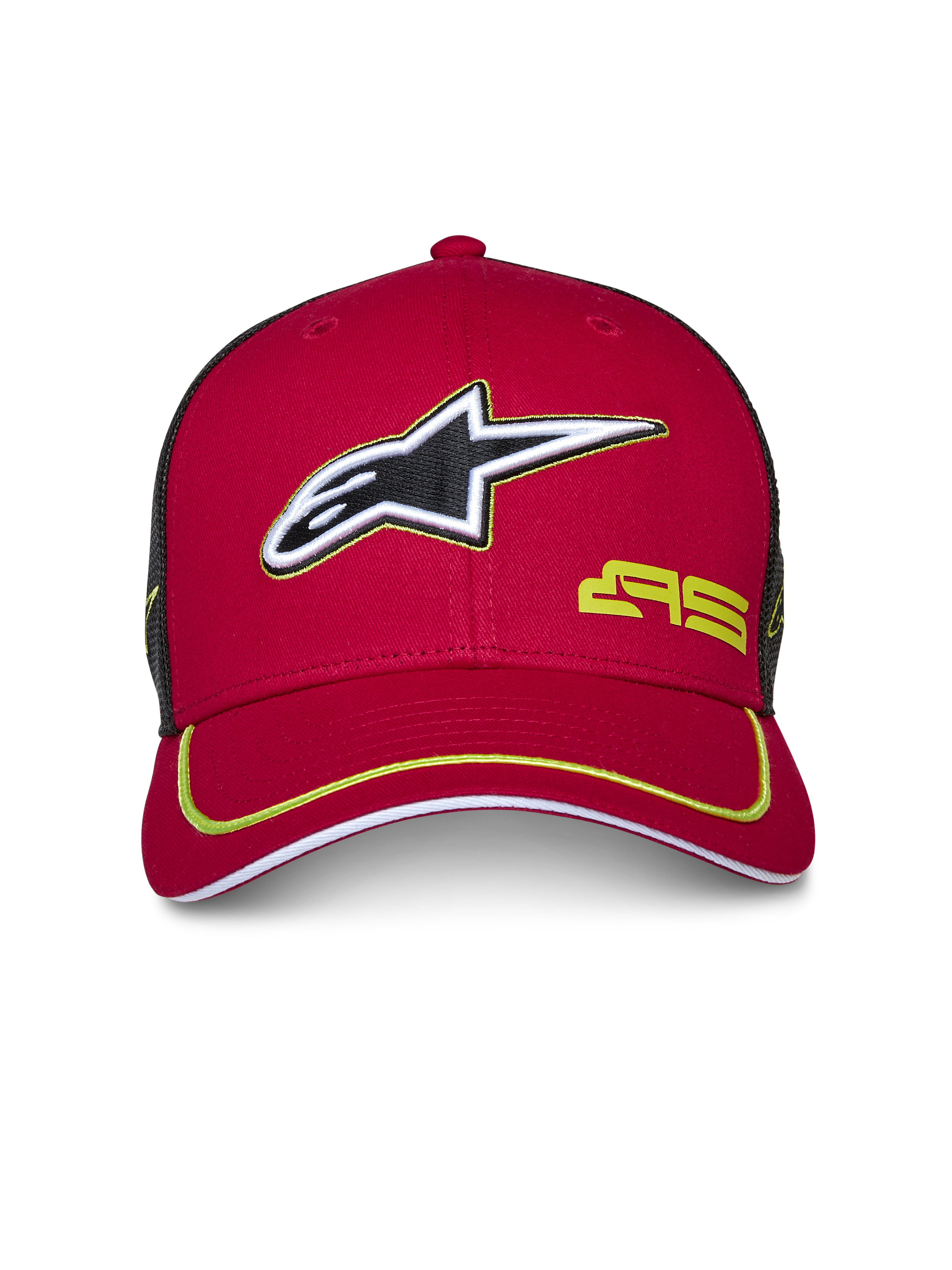 Cappello Trucker Alpinestars Exceed, rosso e nero, visiera curva con profilo verde lime, logo Alpinestars ricamato in 3D, retro in rete nera, corona strutturata, copricapo casual da motorsport