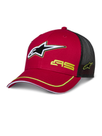 Alpinestars Exceed Trucker Hat, cappello da baseball rosso e nero con retro in rete, logo stella 3D, marchio AS giallo e profilo giallo sulla visiera curva
