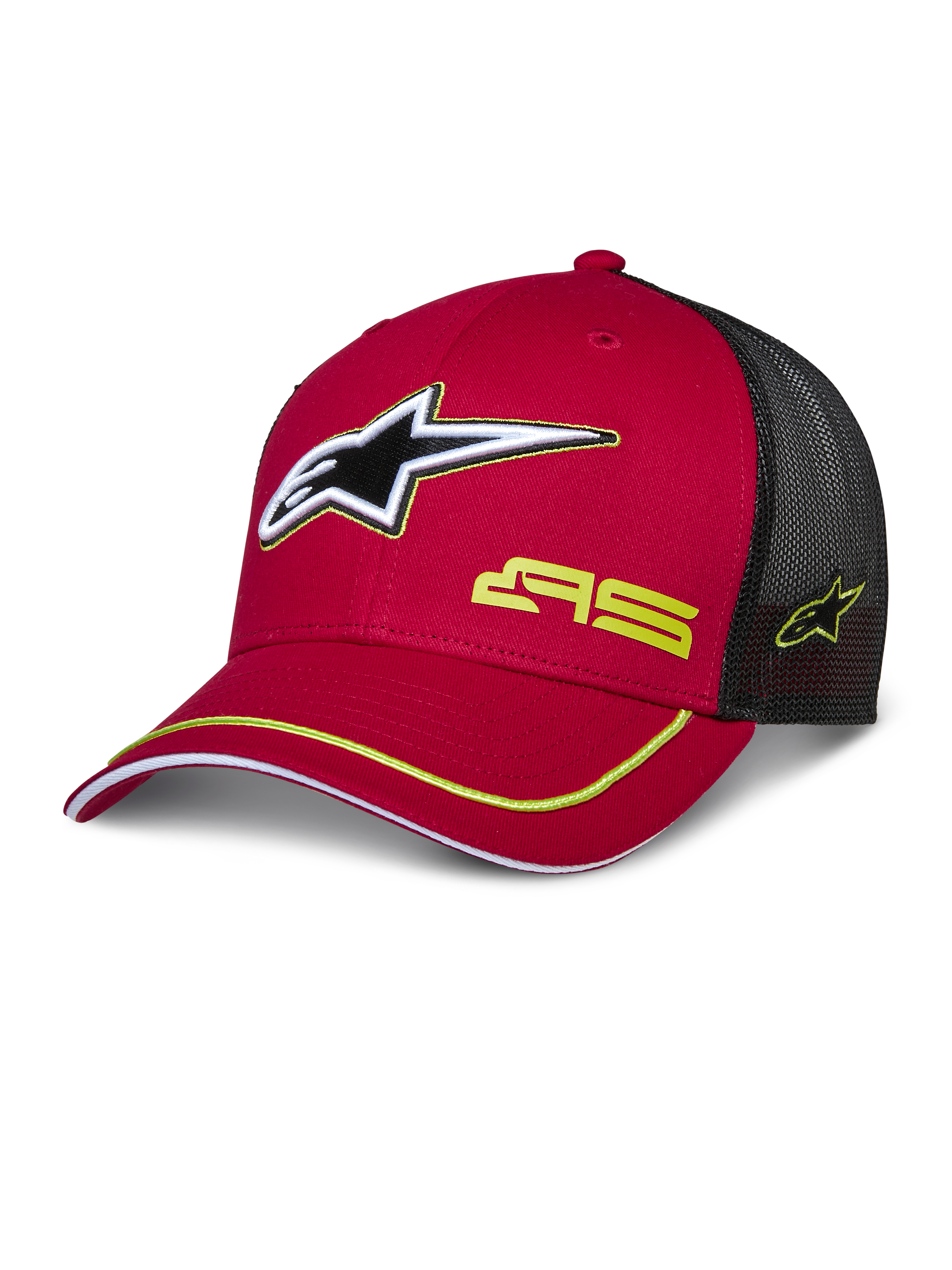 Alpinestars Exceed Trucker Hat, cappello da baseball rosso e nero con retro in rete, logo stella 3D, marchio AS giallo e profilo giallo sulla visiera curva