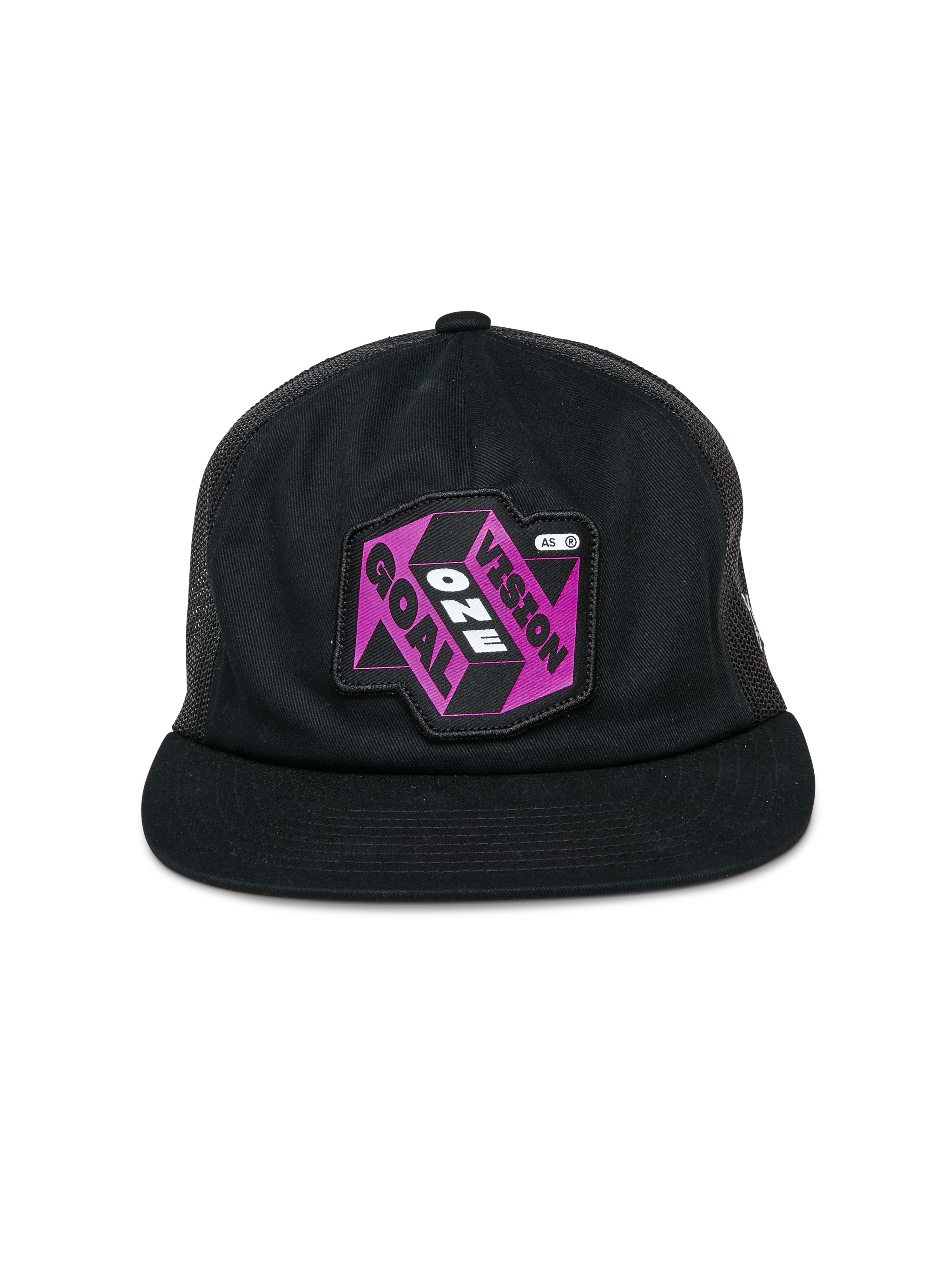Alpinestars Cappello That Way Trucker, cappellino trucker nero, caratterizzato da una toppa grafica viola e nera con scritta 'One Vision One Goal', visiera piatta, corona strutturata e pannelli posteriori in rete, copricapo casual ispirato al motorsport