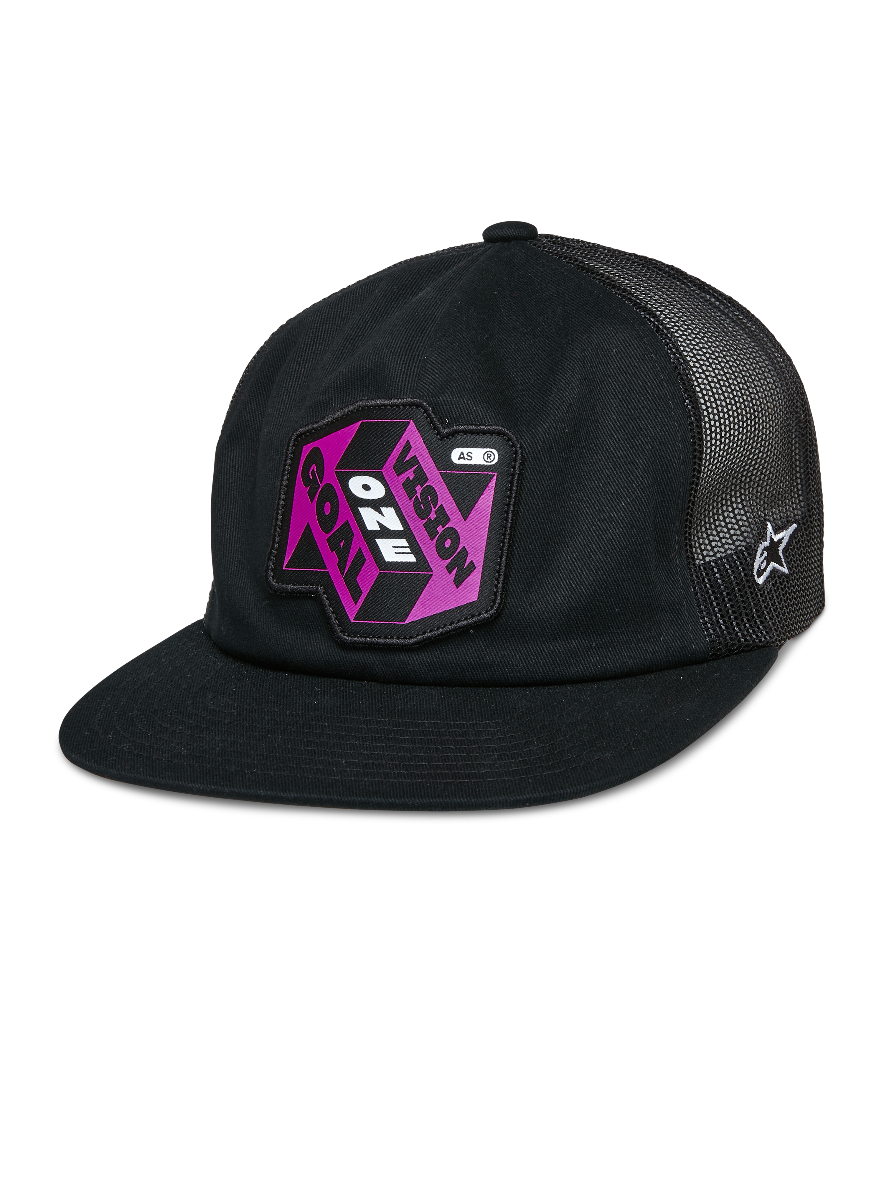 Alpinestars That Way Trucker Hat, cappello snapback nero con retro in rete, visiera piatta, patch rosa e viola 'Vision One Goal', logo Alpinestars a stella bianco, sportswear casual