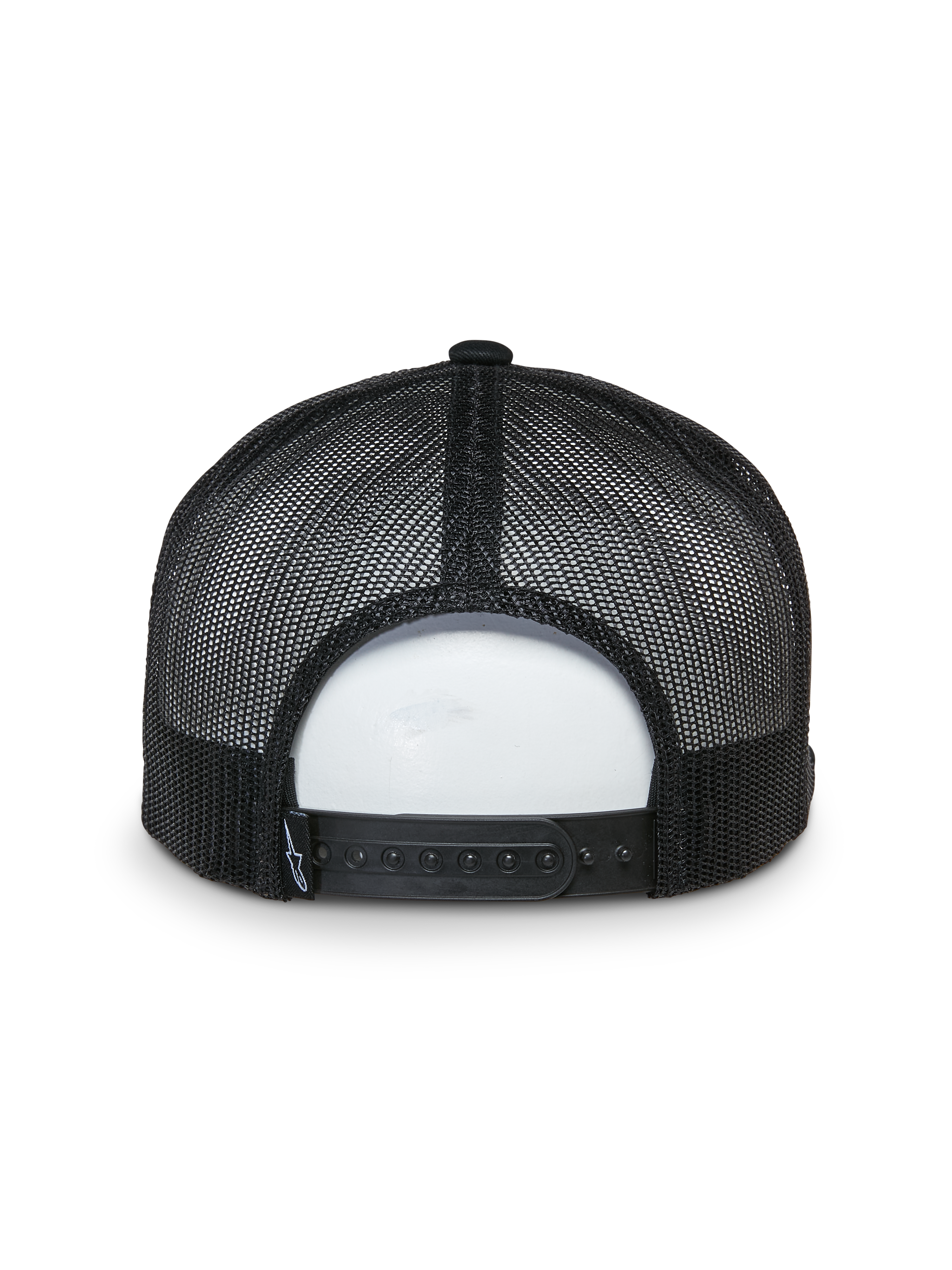 Alpinestars That Way Trucker Hat, vista posteriore, nero, pannelli posteriori in rete con chiusura snapback regolabile, piccola etichetta con logo, copricapo casual ispirato al motorsport