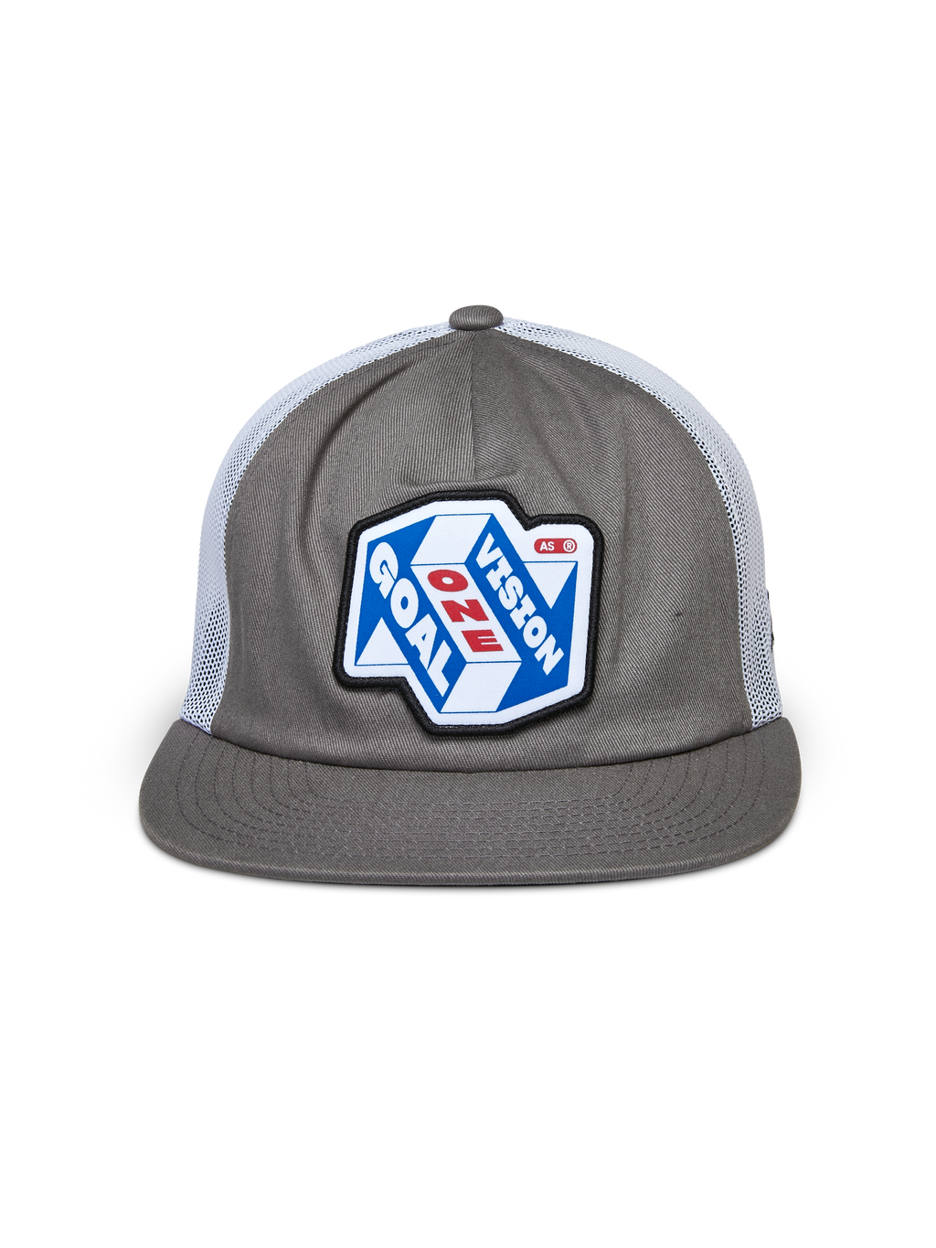 Cappello Trucker Alpinestars That Way, grigio e bianco, corona strutturata con visiera piatta e retro in rete bianca, con una grande toppa frontale con grafica 'One Goal One Vision', streetwear casual motorsport