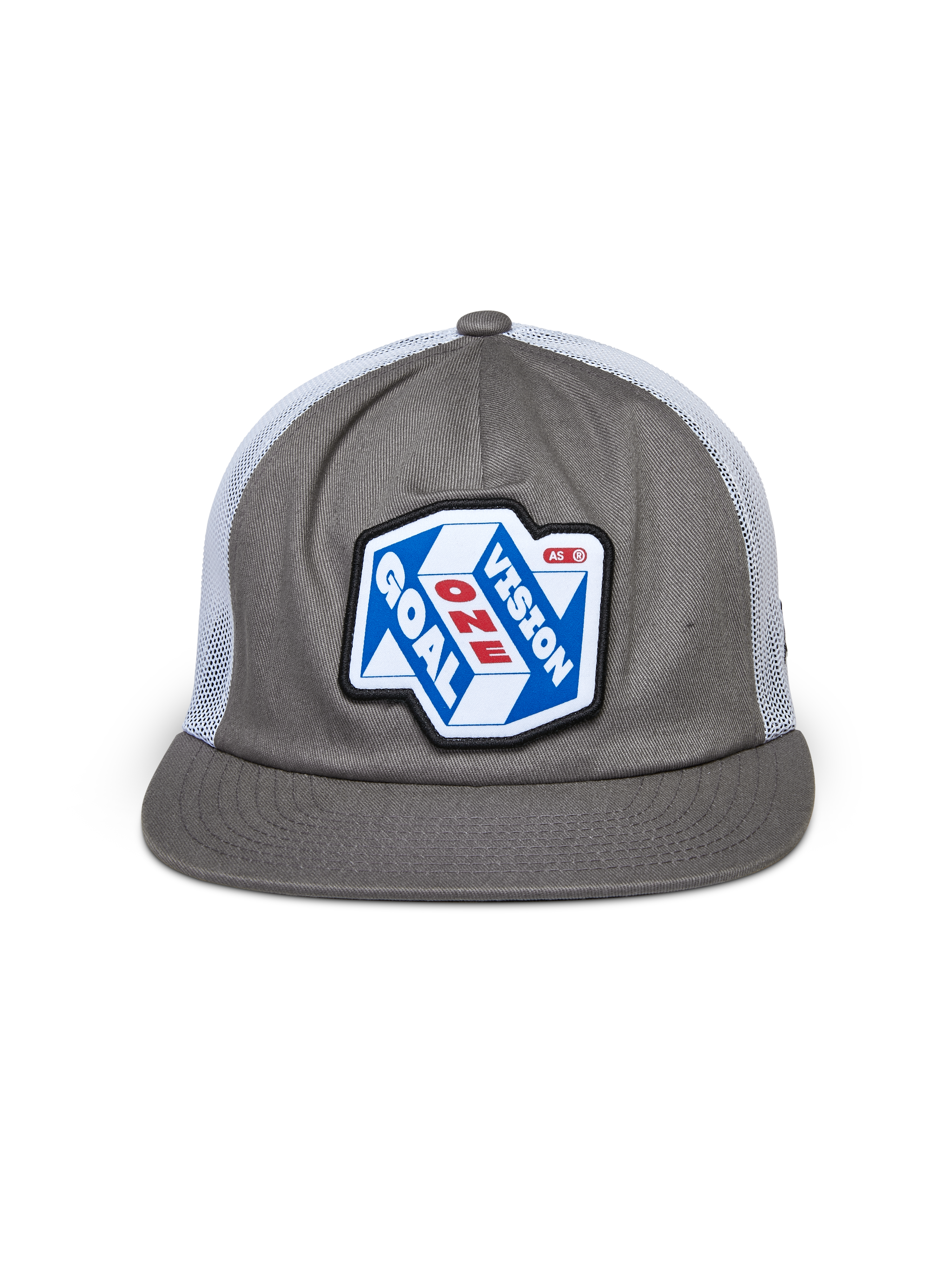 Cappello Trucker Alpinestars That Way, grigio e bianco, corona strutturata con visiera piatta e retro in rete bianca, con una grande toppa frontale con grafica 'One Goal One Vision', streetwear casual motorsport