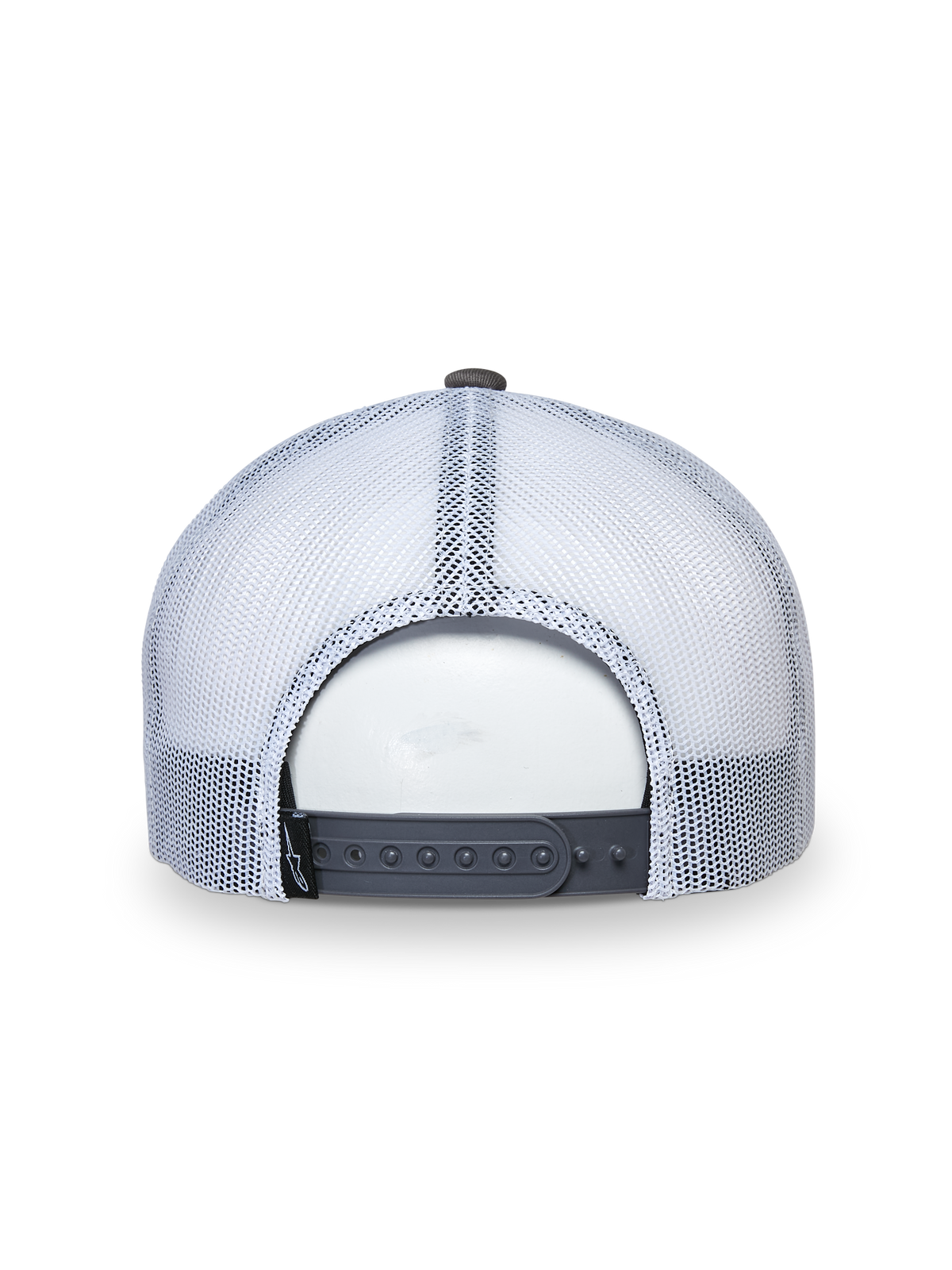 Cappello Alpinestars That Way Trucker, cappello trucker, grigio e bianco, vista posteriore con pannelli in rete bianca e chiusura snapback grigia, vestibilità regolabile, copricapo sportivo casual