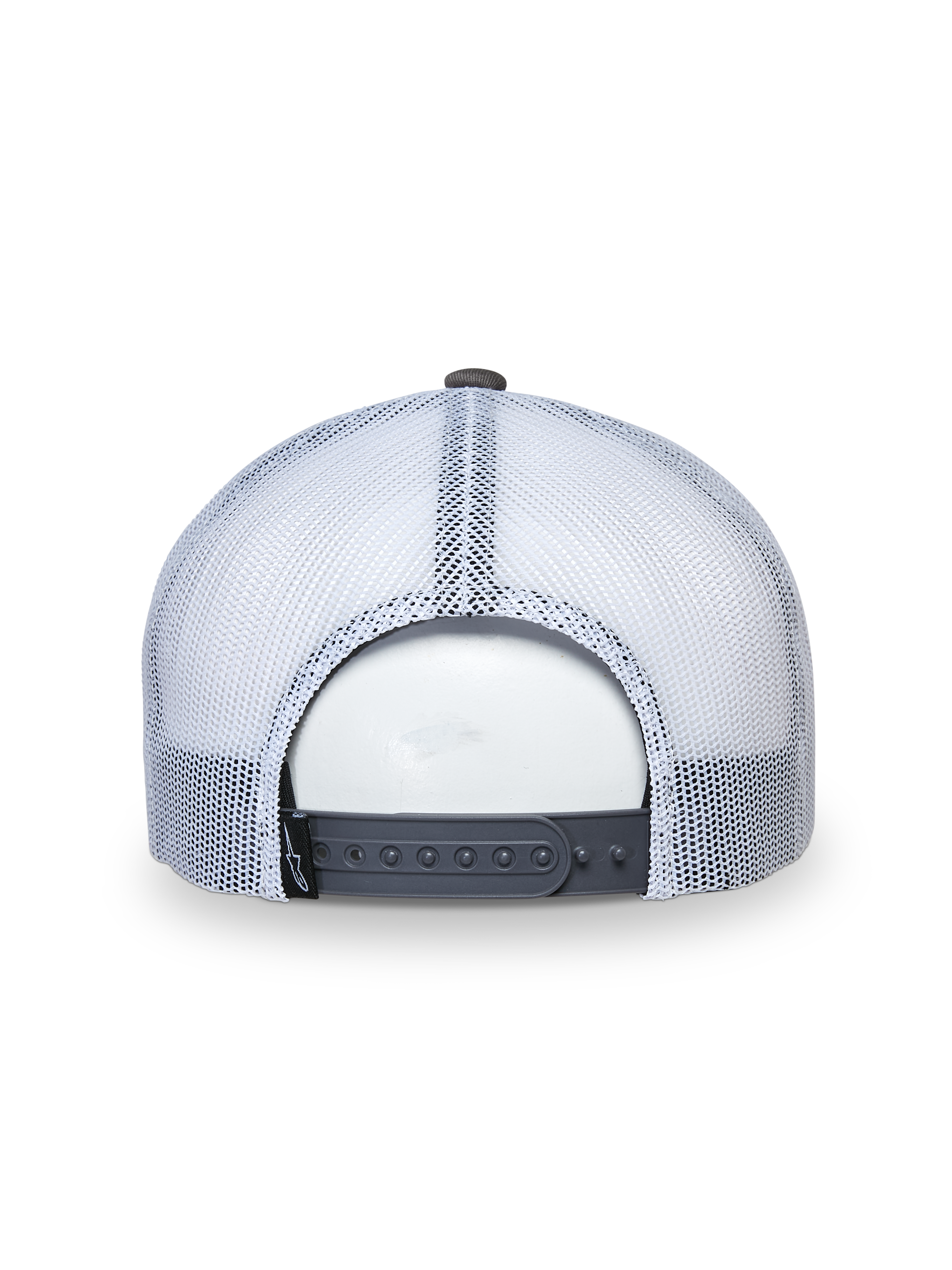 Cappello Alpinestars That Way Trucker, cappello trucker, grigio e bianco, vista posteriore con pannelli in rete bianca e chiusura snapback grigia, vestibilità regolabile, copricapo sportivo casual