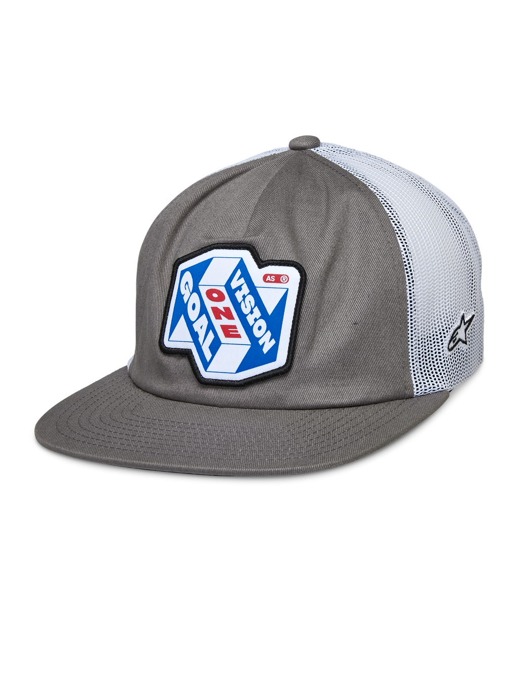 Alpinestars That Way Trucker Hat, cappellino snapback grigio e bianco con retro in mesh, patch grafica blu e bianca con scritta 'ONE GOAL VISION' in rosso e bianco, visiera piatta, piccolo logo a stella sulla rete, stile motorsport casual