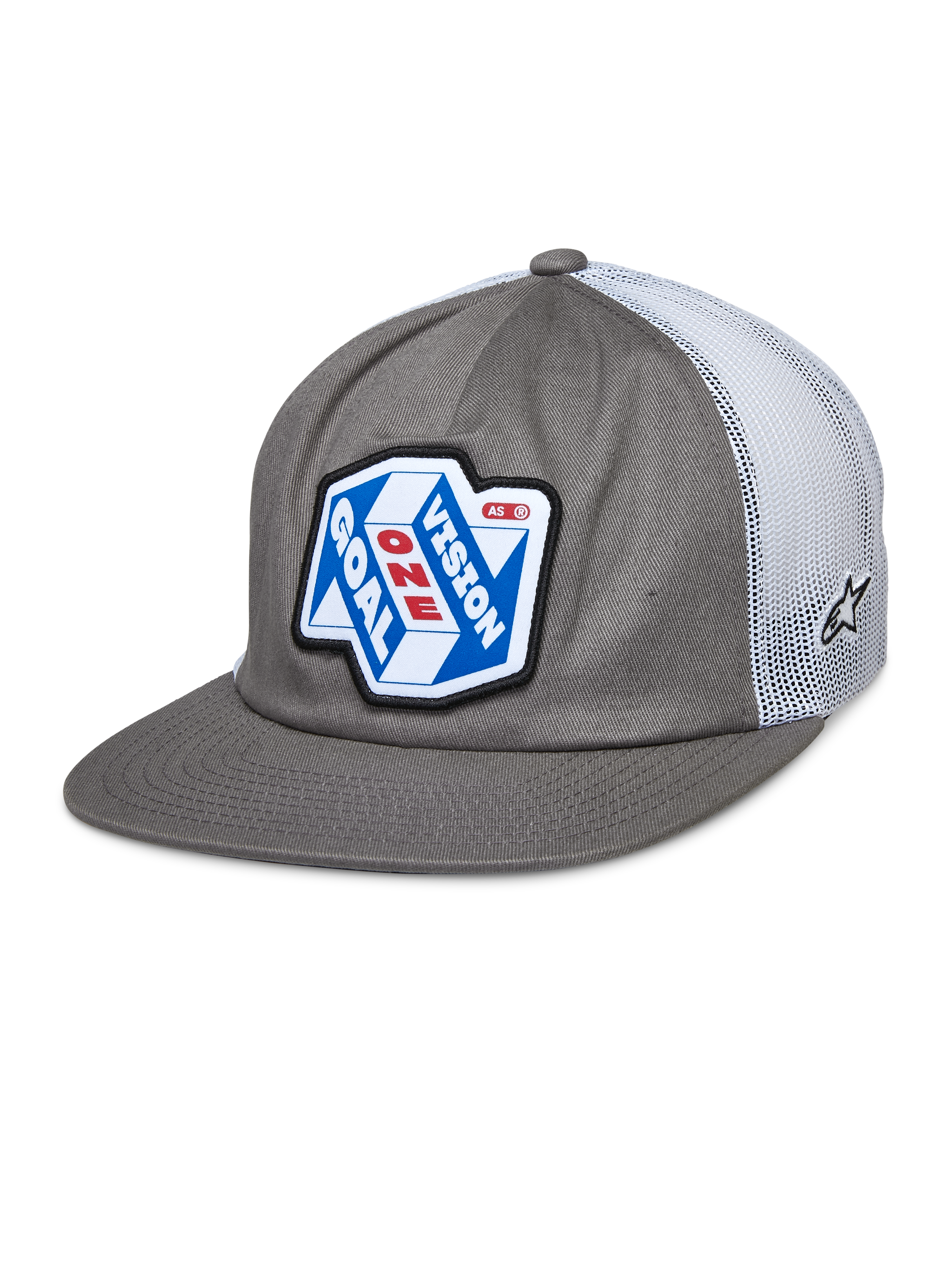 Alpinestars That Way Trucker Hat, cappellino snapback grigio e bianco con retro in mesh, patch grafica blu e bianca con scritta 'ONE GOAL VISION' in rosso e bianco, visiera piatta, piccolo logo a stella sulla rete, stile motorsport casual