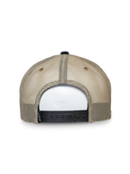 Cappello Alpinestars Mackinic Trucker, cappello trucker, blu navy e kaki, vista posteriore con pannelli in rete kaki e chiusura snapback regolabile nera, copricapo lifestyle casual