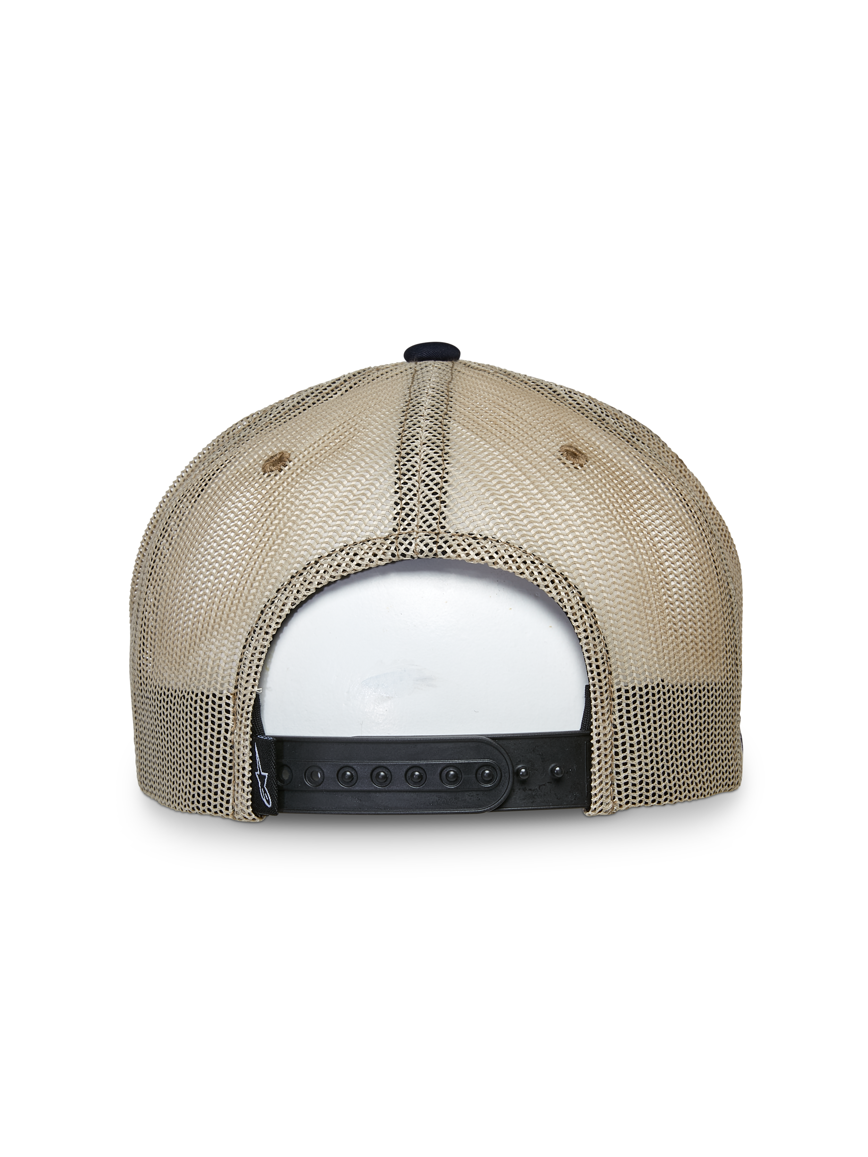 Cappello Alpinestars Mackinic Trucker, cappello trucker, blu navy e kaki, vista posteriore con pannelli in rete kaki e chiusura snapback regolabile nera, copricapo lifestyle casual
