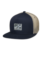 Alpinestars Mackinic Trucker Hat, cappello snapback con visiera piatta, rete blu navy e kaki, patch logo quadrata frontale con sfondo screziato, accessorio lifestyle casual