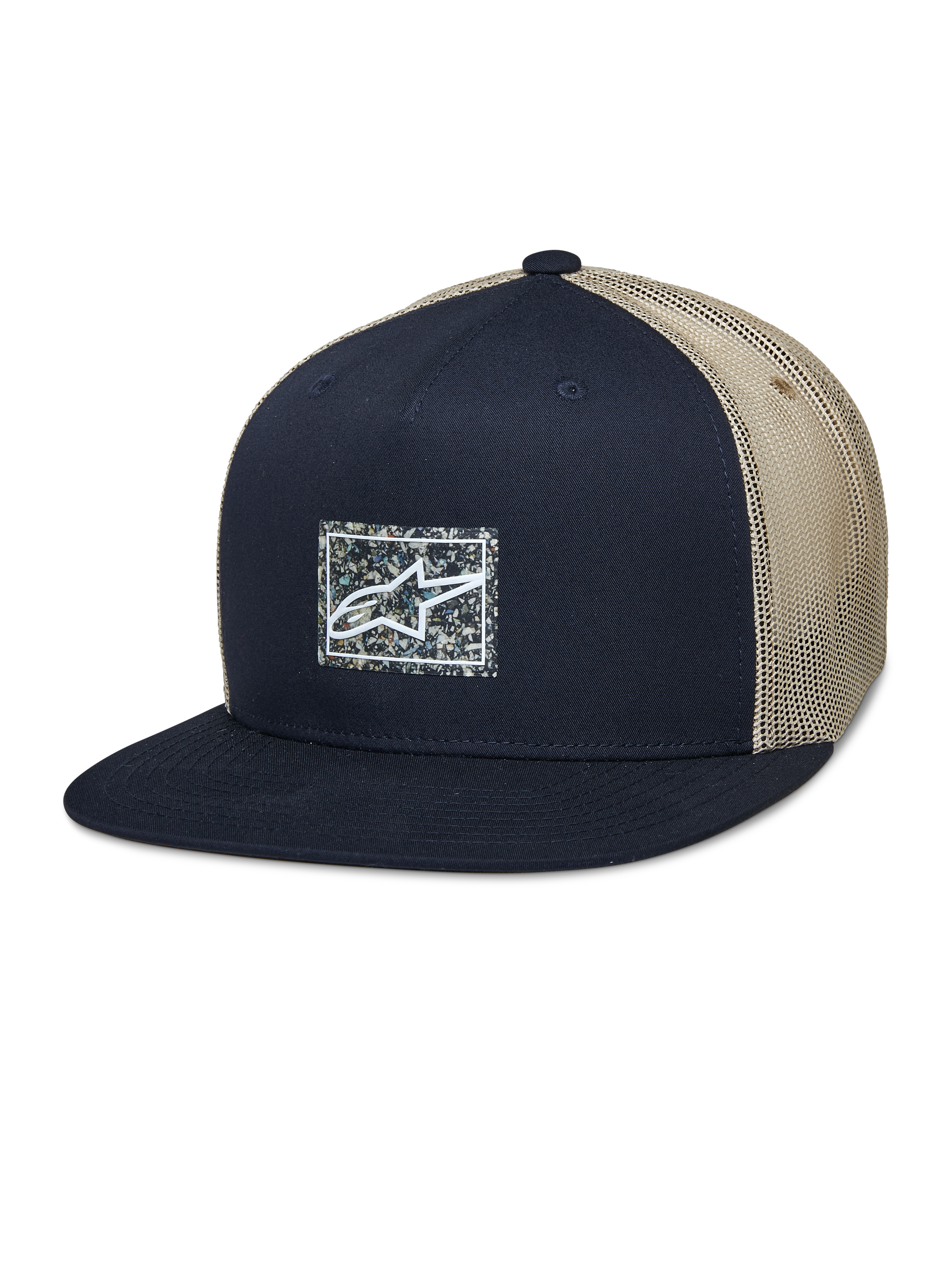 Alpinestars Mackinic Trucker Hat, cappello snapback con visiera piatta, rete blu navy e kaki, patch logo quadrata frontale con sfondo screziato, accessorio lifestyle casual
