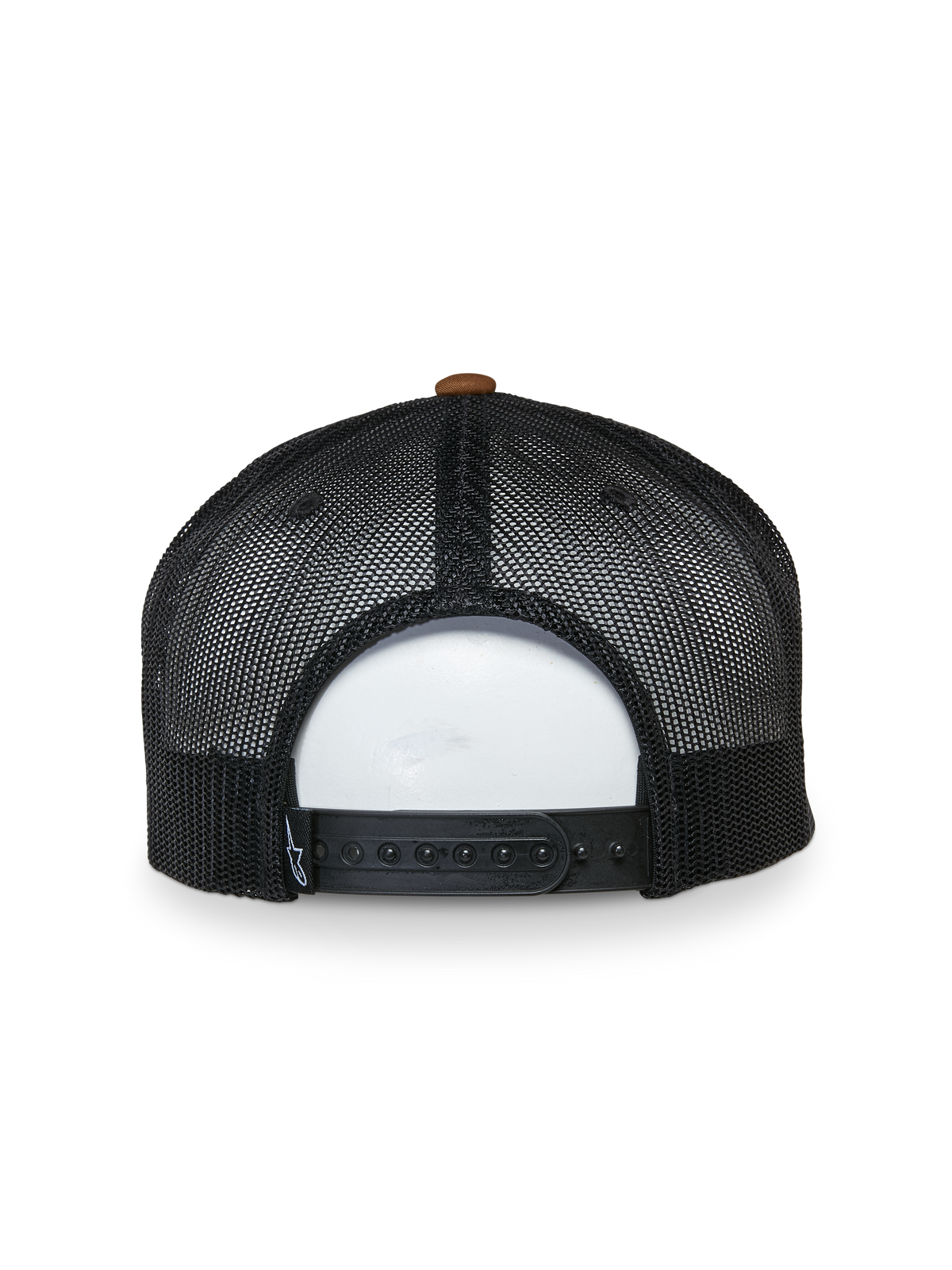 Alpinestars Cappello Mackinic Trucker, vista posteriore, pannelli in rete nera con bottone superiore marrone, chiusura snapback regolabile, accessorio sportswear casual