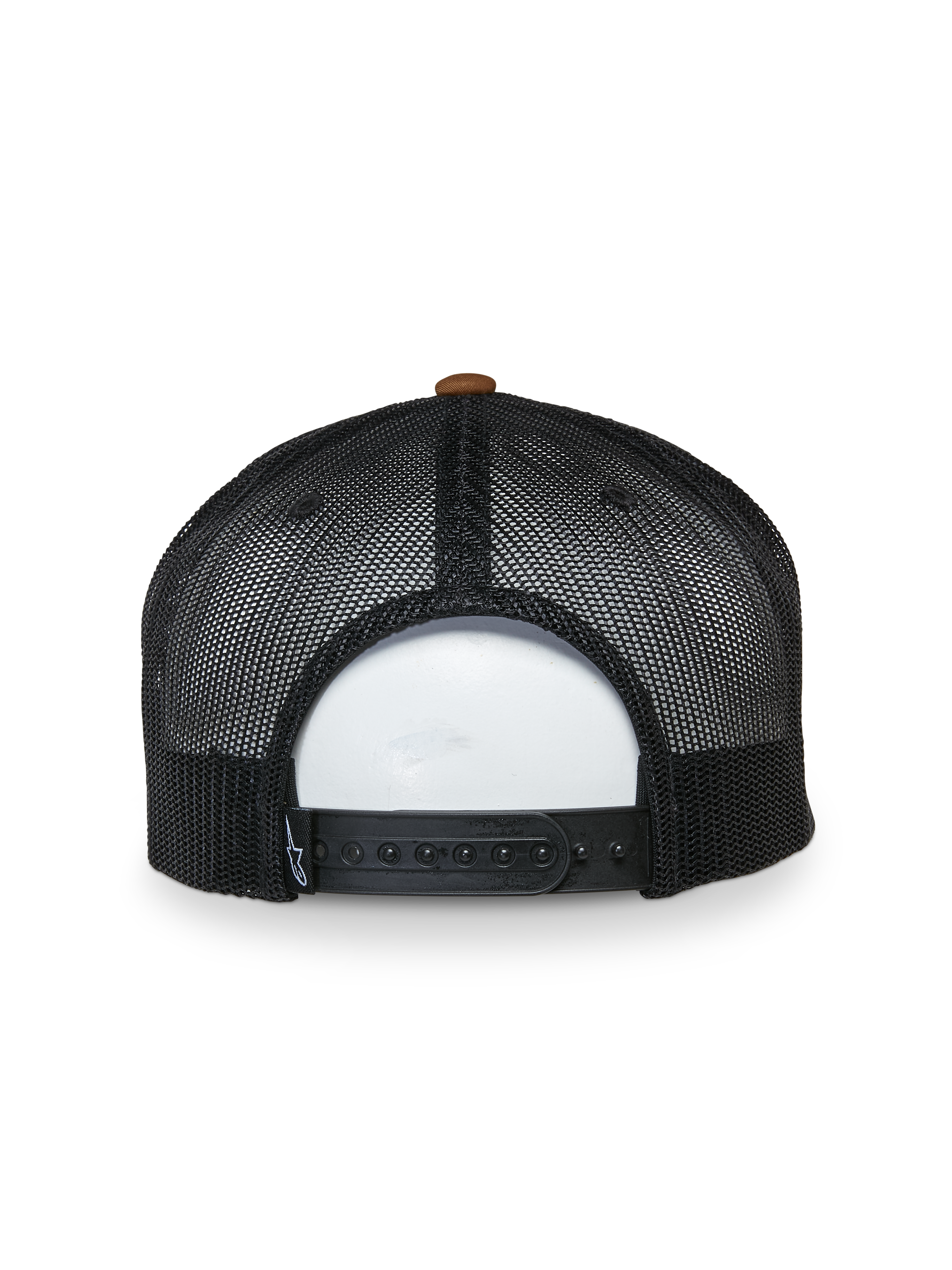 Alpinestars Cappello Mackinic Trucker, vista posteriore, pannelli in rete nera con bottone superiore marrone, chiusura snapback regolabile, accessorio sportswear casual