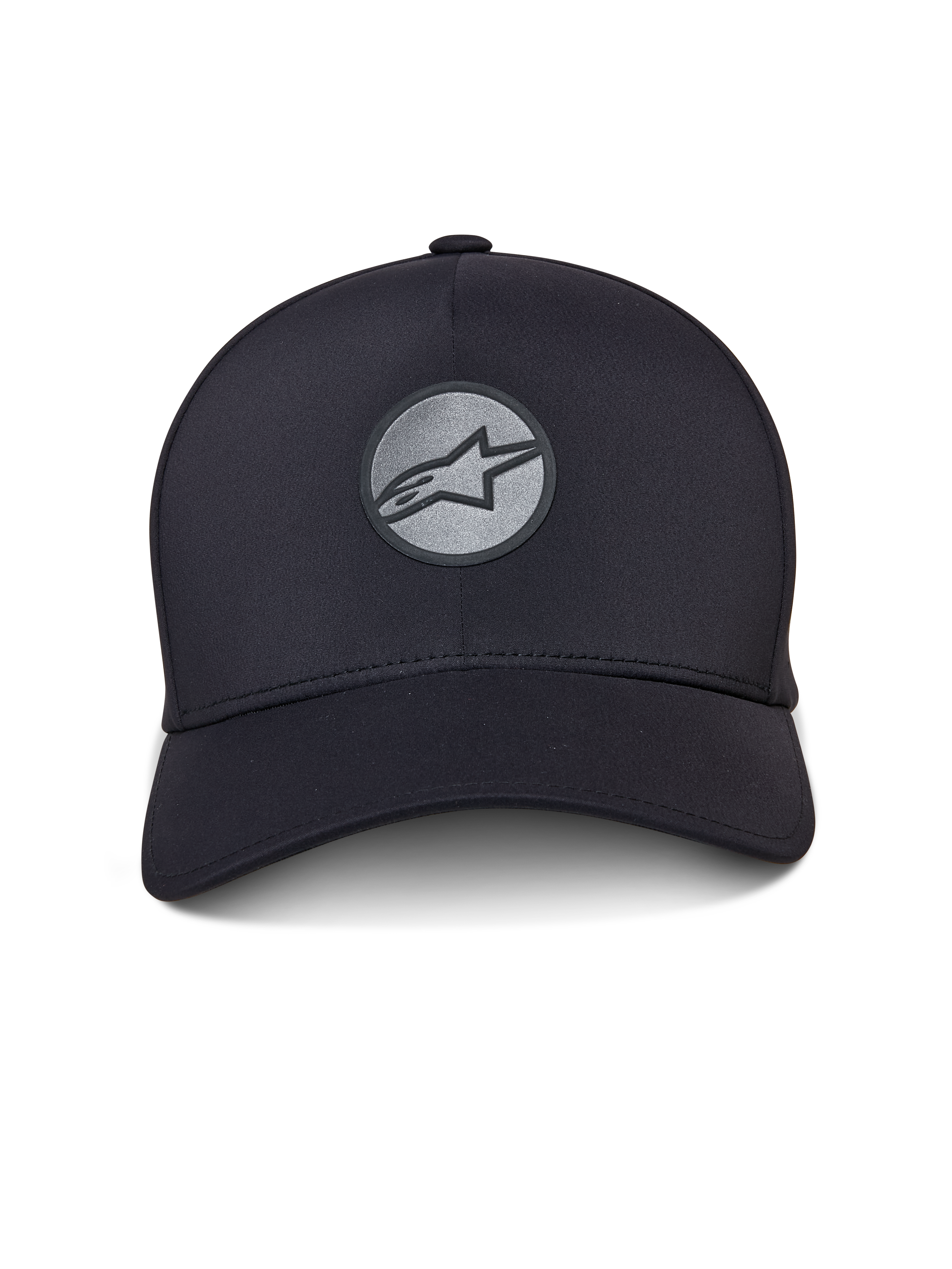 Cappello Alpinestars Apex, cappello sportswear nero, visiera curva e corona strutturata, logo Astar riflettente saldato frontalmente su una toppa circolare, costruzione senza cuciture con un design atletico moderno