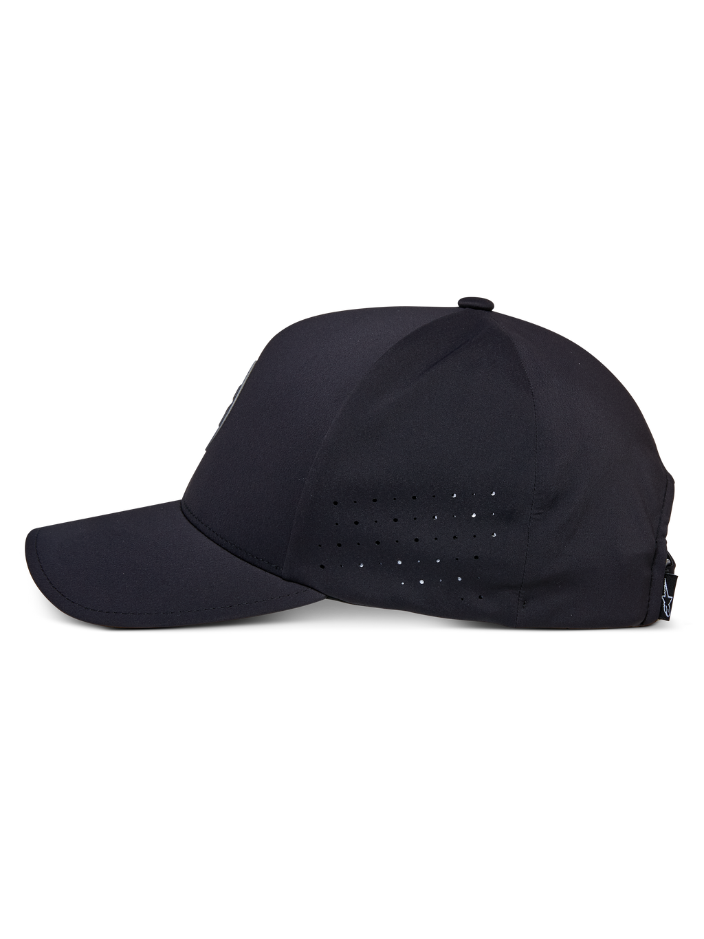 Cappello Alpinestars Apex, nero, vista di profilo laterale, visiera curva con corona strutturata, perforazioni sui pannelli laterali per la traspirabilità, tessuto tecnico traspirante, abbigliamento sportivo tecnico casual