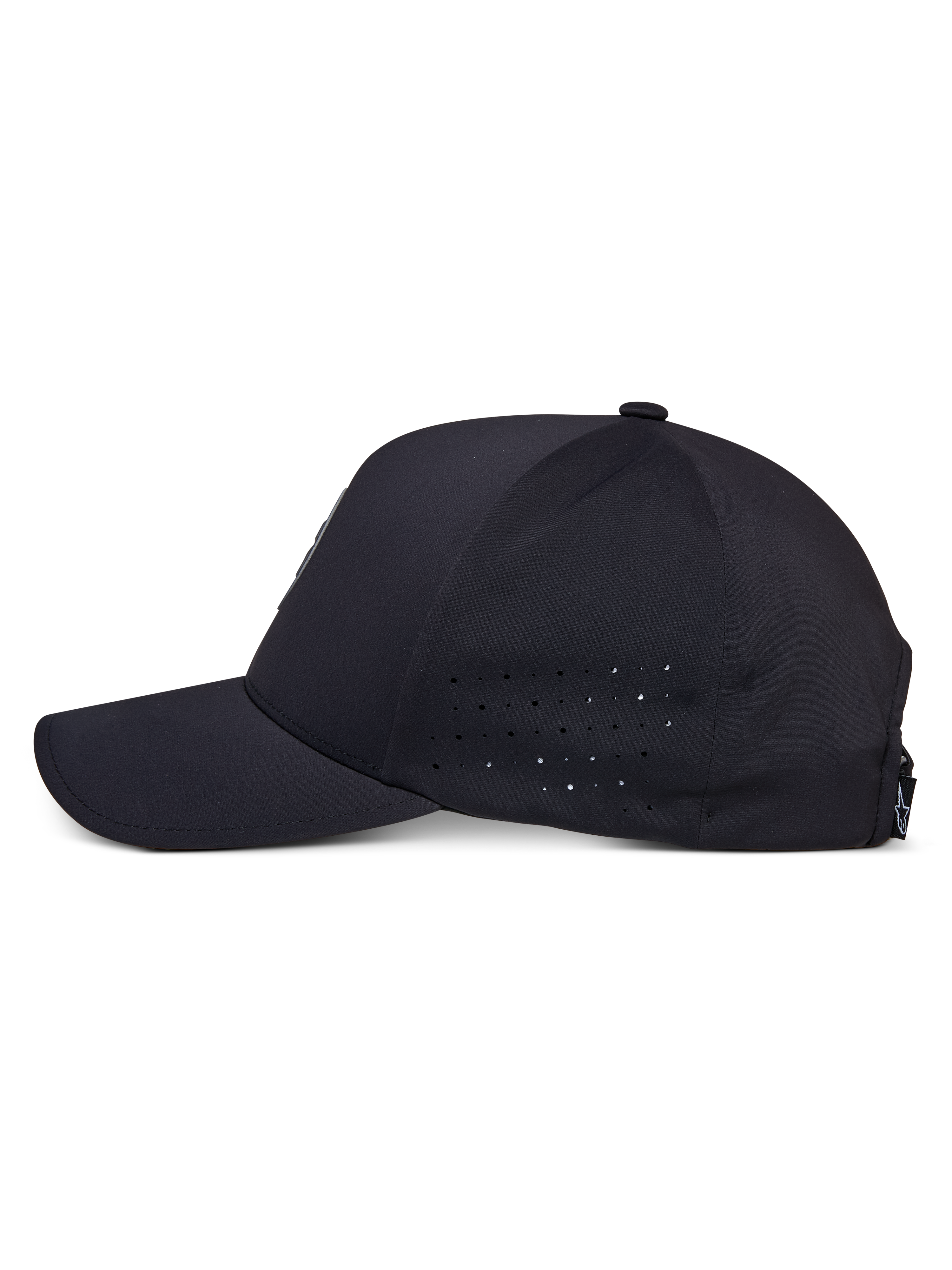 Cappello Alpinestars Apex, nero, vista di profilo laterale, visiera curva con corona strutturata, perforazioni sui pannelli laterali per la traspirabilità, tessuto tecnico traspirante, abbigliamento sportivo tecnico casual