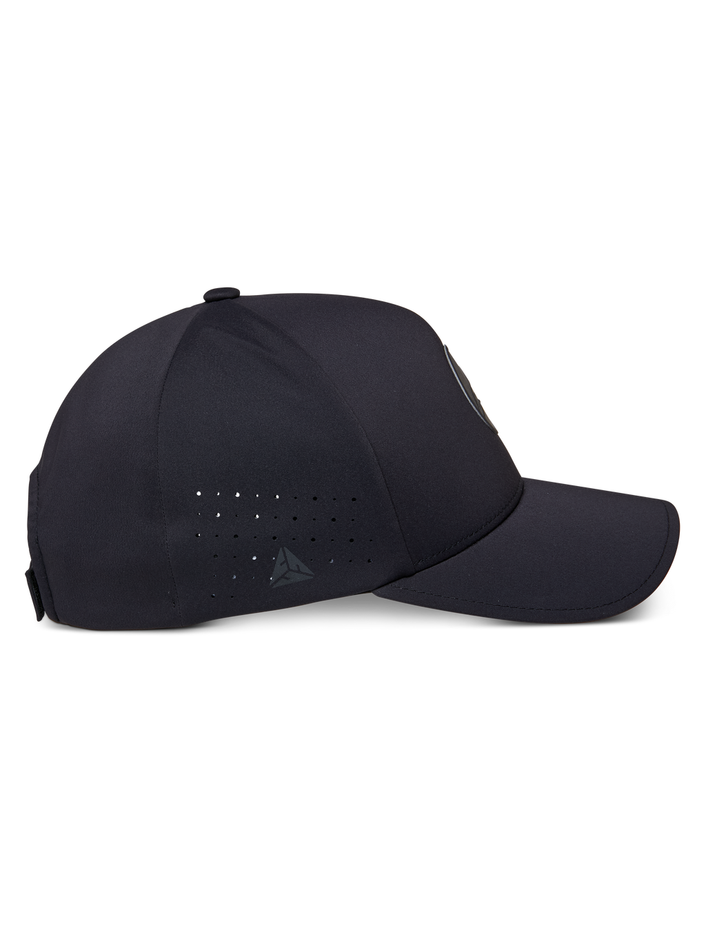 Cappello Alpinestars Apex, profilo laterale, nero, con corona strutturata e visiera curva, perforazioni sui pannelli laterali, piccolo logo riflettente e costruzione liscia senza cuciture per un look essenziale