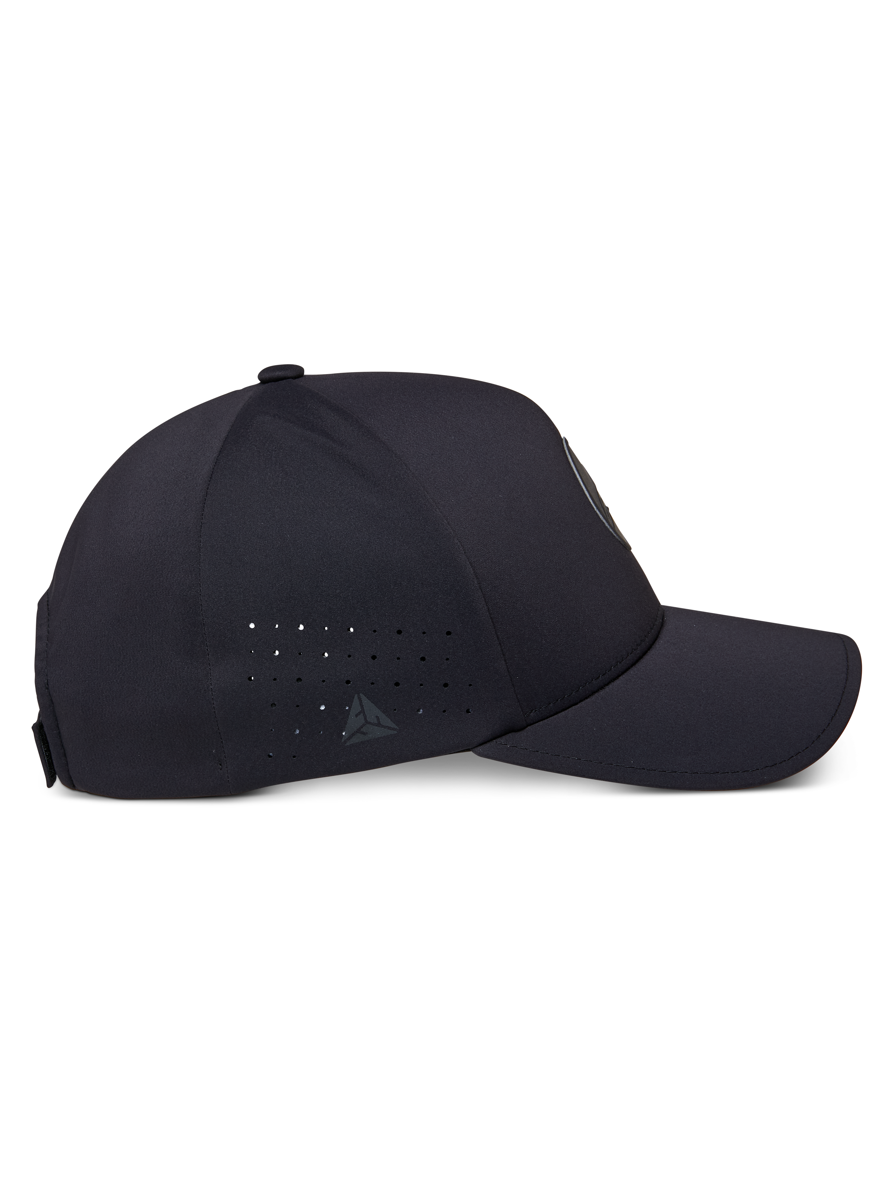 Cappello Alpinestars Apex, profilo laterale, nero, con corona strutturata e visiera curva, perforazioni sui pannelli laterali, piccolo logo riflettente e costruzione liscia senza cuciture per un look essenziale