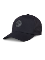 Alpinestars Apex Hat, cappello da baseball nero con visiera curva, logo a stella circolare riflettente, pannelli laterali traforati per la ventilazione, copricapo sportivo tecnico