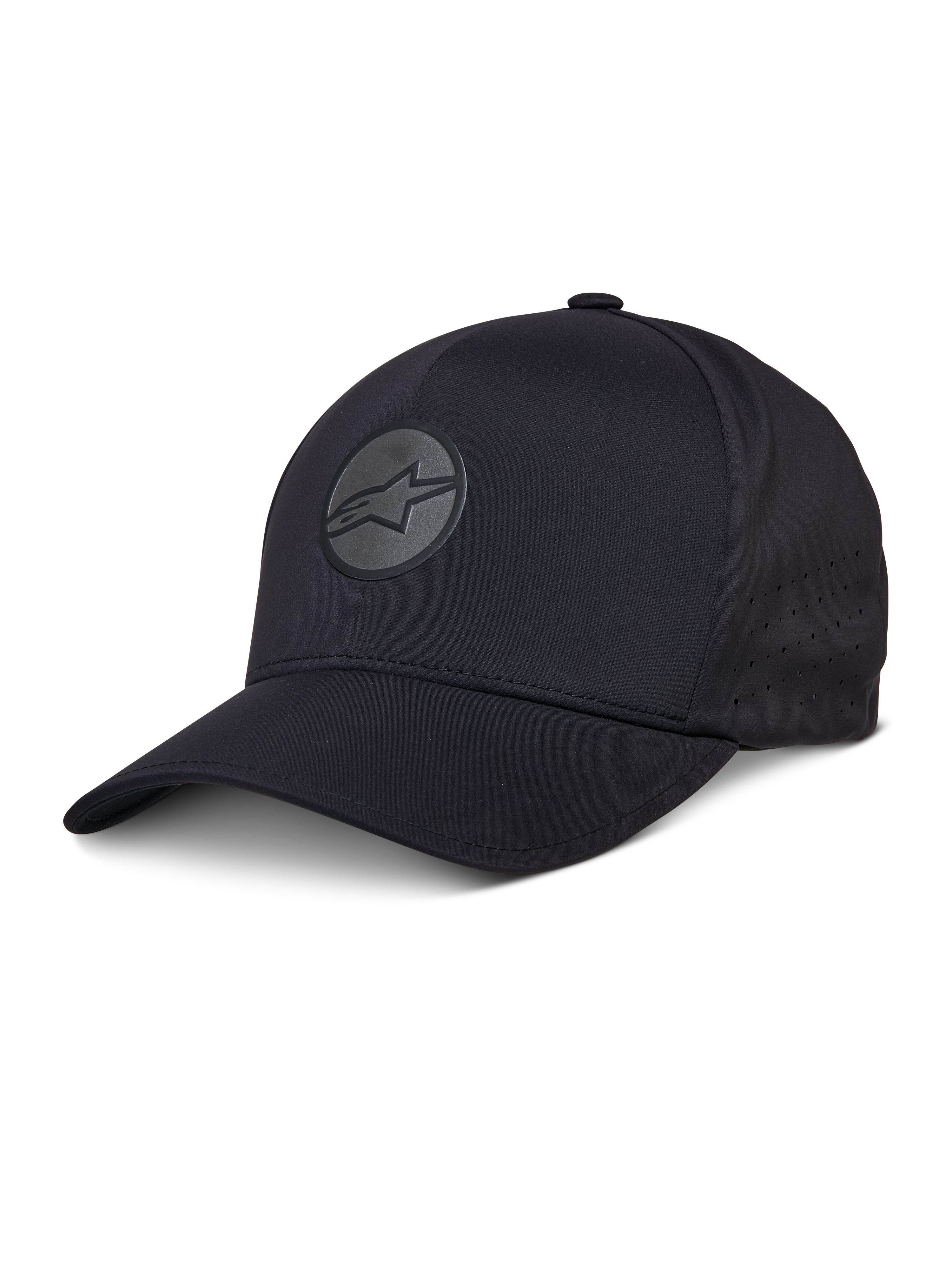 Alpinestars Apex Hat, cappello da baseball nero con visiera curva, logo a stella circolare riflettente, pannelli laterali traforati per la ventilazione, copricapo sportivo tecnico