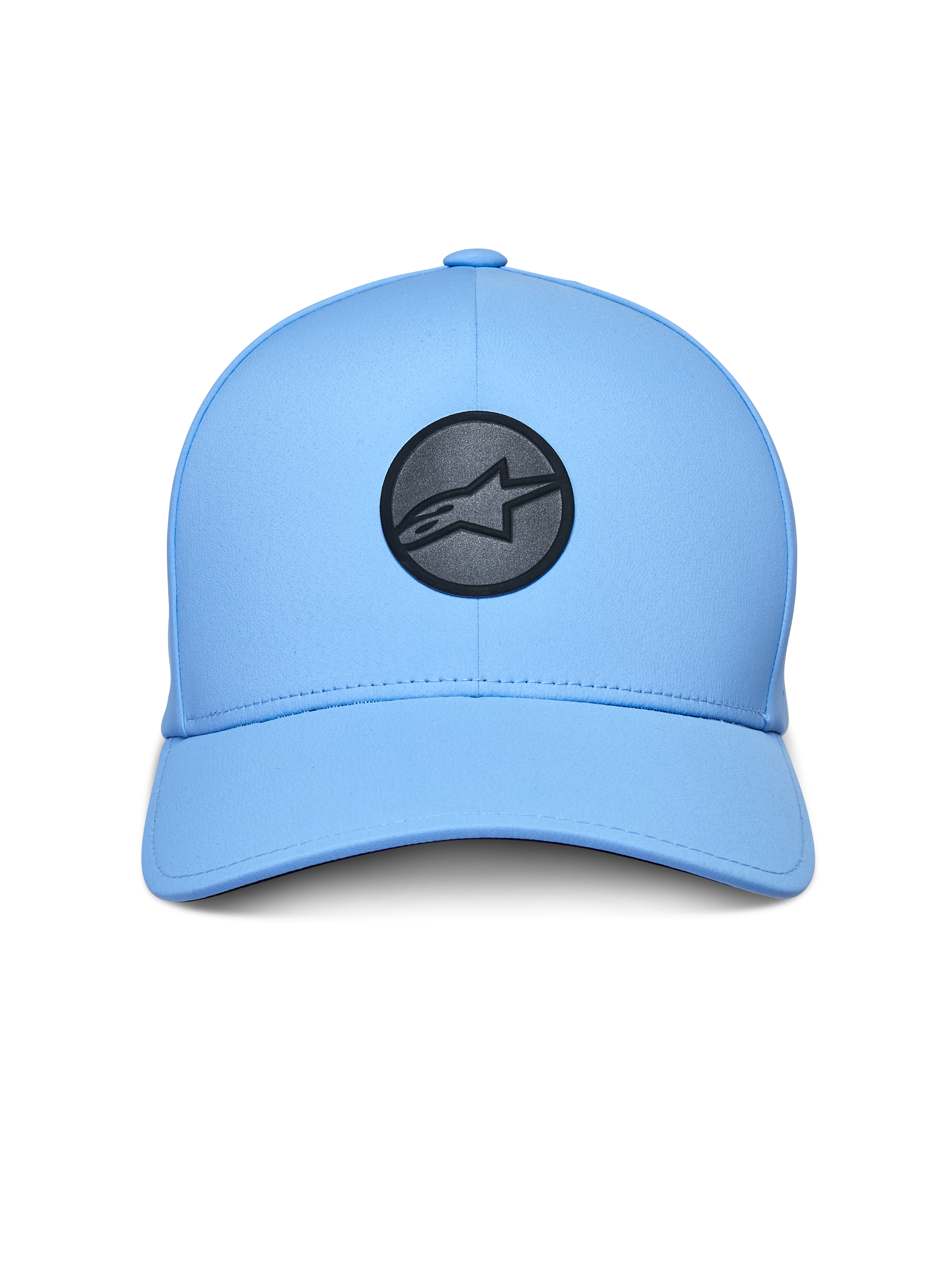 Alpinestars Apex Hat, cappello sportswear, azzurro, con logo circolare nero riflettente sul davanti, visiera curva, corona strutturata e costruzione tecnica termosaldata senza cuciture