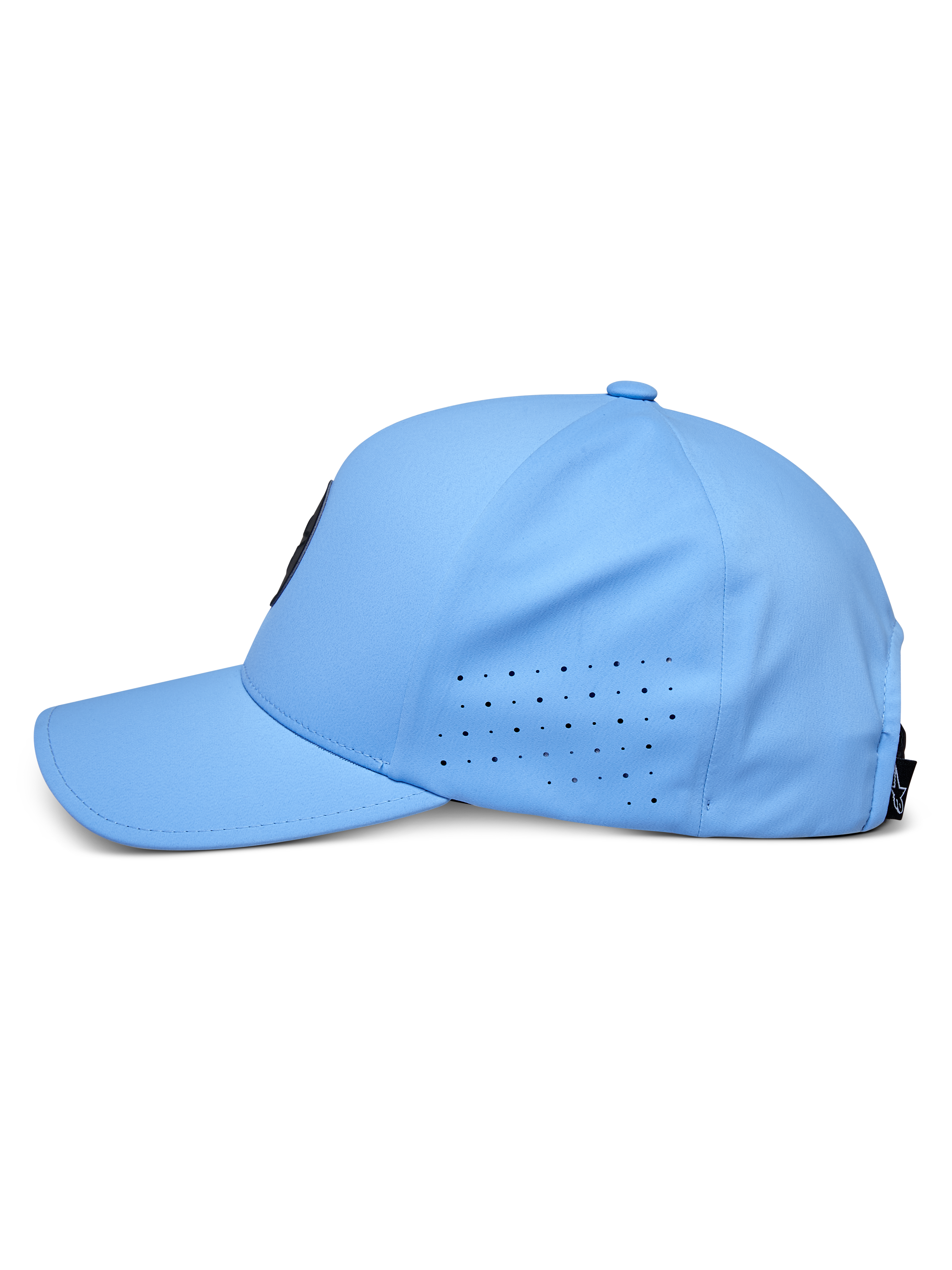 Cappello Alpinestars Apex, blu, vista laterale di profilo, visiera curva con pannelli laterali traforati per la ventilazione, tessuto tecnico traspirante, copricapo tecnico ispirato al motorsport