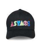 Cappello Alpinestars Cereal, berretto da baseball nero, logo ASTARS ricamato colorato sul davanti, corona strutturata con visiera curva, abbigliamento sportivo casual motorsport