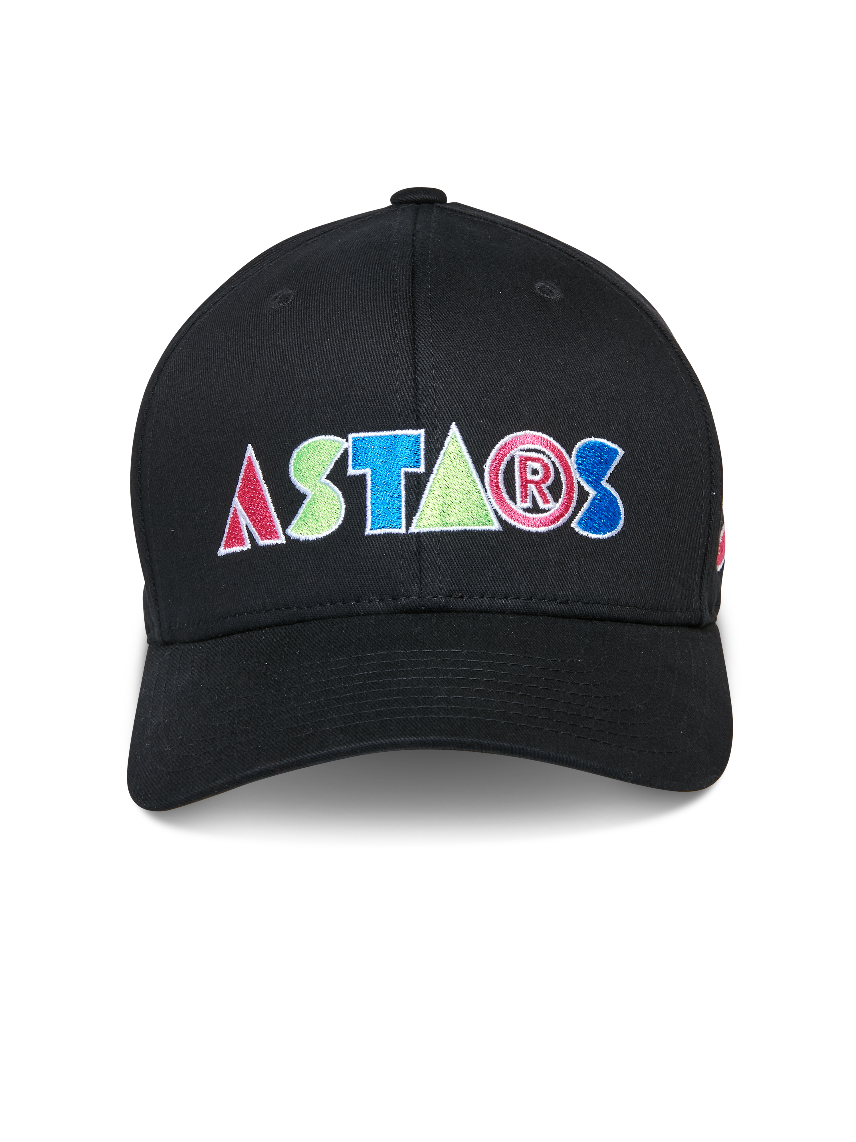 Cappello Alpinestars Cereal, berretto da baseball nero, logo ASTARS ricamato colorato sul davanti, corona strutturata con visiera curva, abbigliamento sportivo casual motorsport