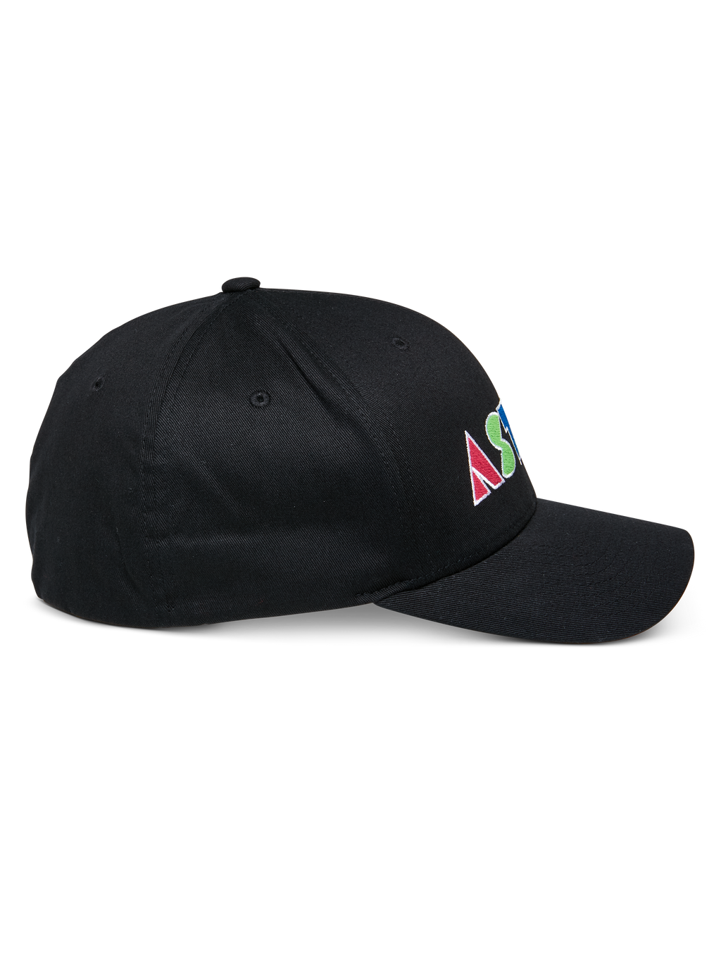 Cappello Alpinestars Cereal, cappellino da baseball nero strutturato, vista laterale, logo ricamato piatto colorato sul lato con lettere geometriche, visiera curva, design casual sportswear