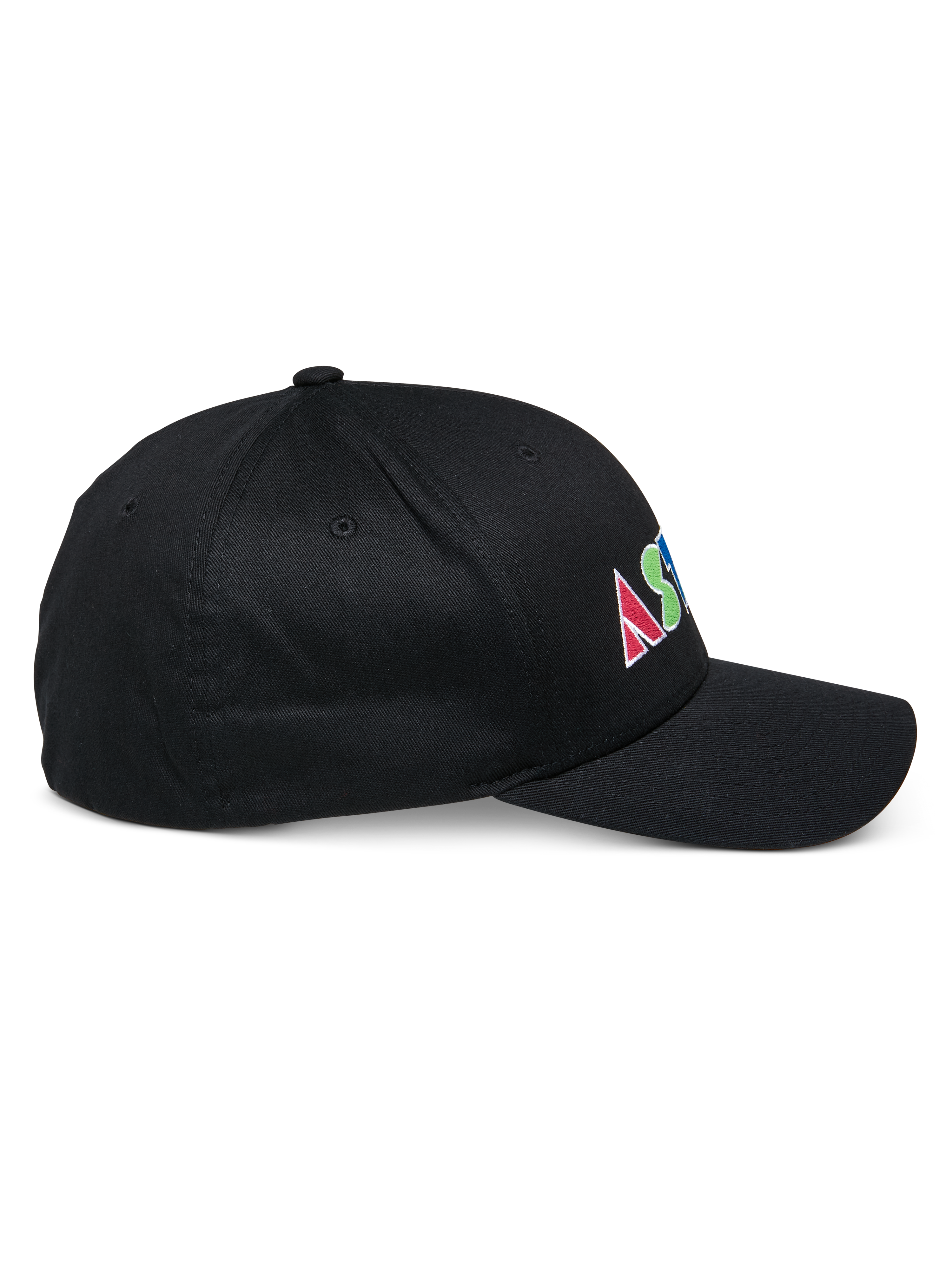 Cappello Alpinestars Cereal, cappellino da baseball nero strutturato, vista laterale, logo ricamato piatto colorato sul lato con lettere geometriche, visiera curva, design casual sportswear