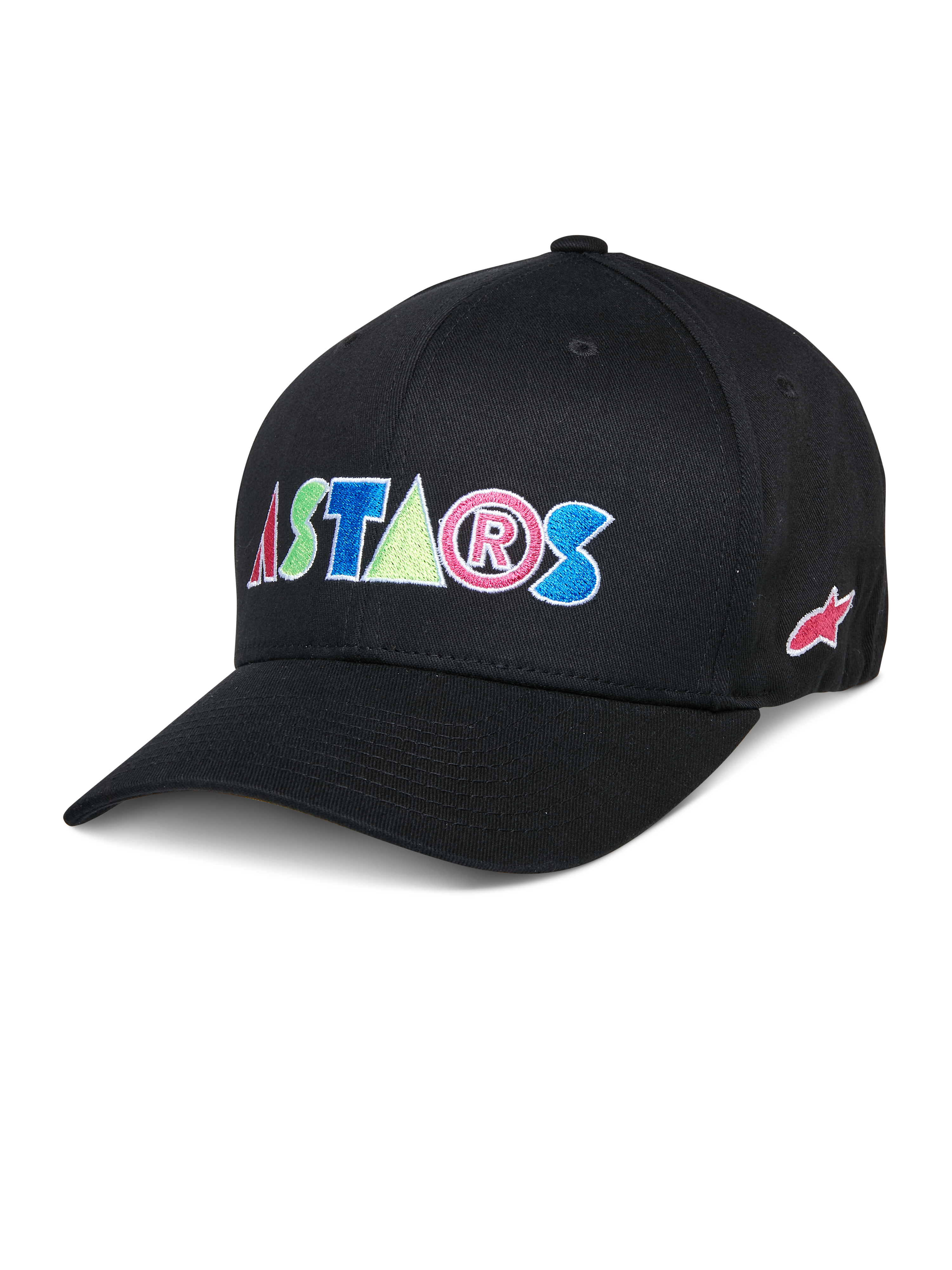 Alpinestars Cereal Hat, cappellino baseball nero con scritte "ASTARS" ricamate multicolore in rosso, blu, rosa e verde, visiera curva, copricapo casual lifestyle