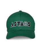 Cappello Alpinestars Cereal, verde, cappellino da baseball con visiera curva, logo "ASTARS" stilizzato ricamato frontalmente in bianco e nero, abbigliamento sportivo casual