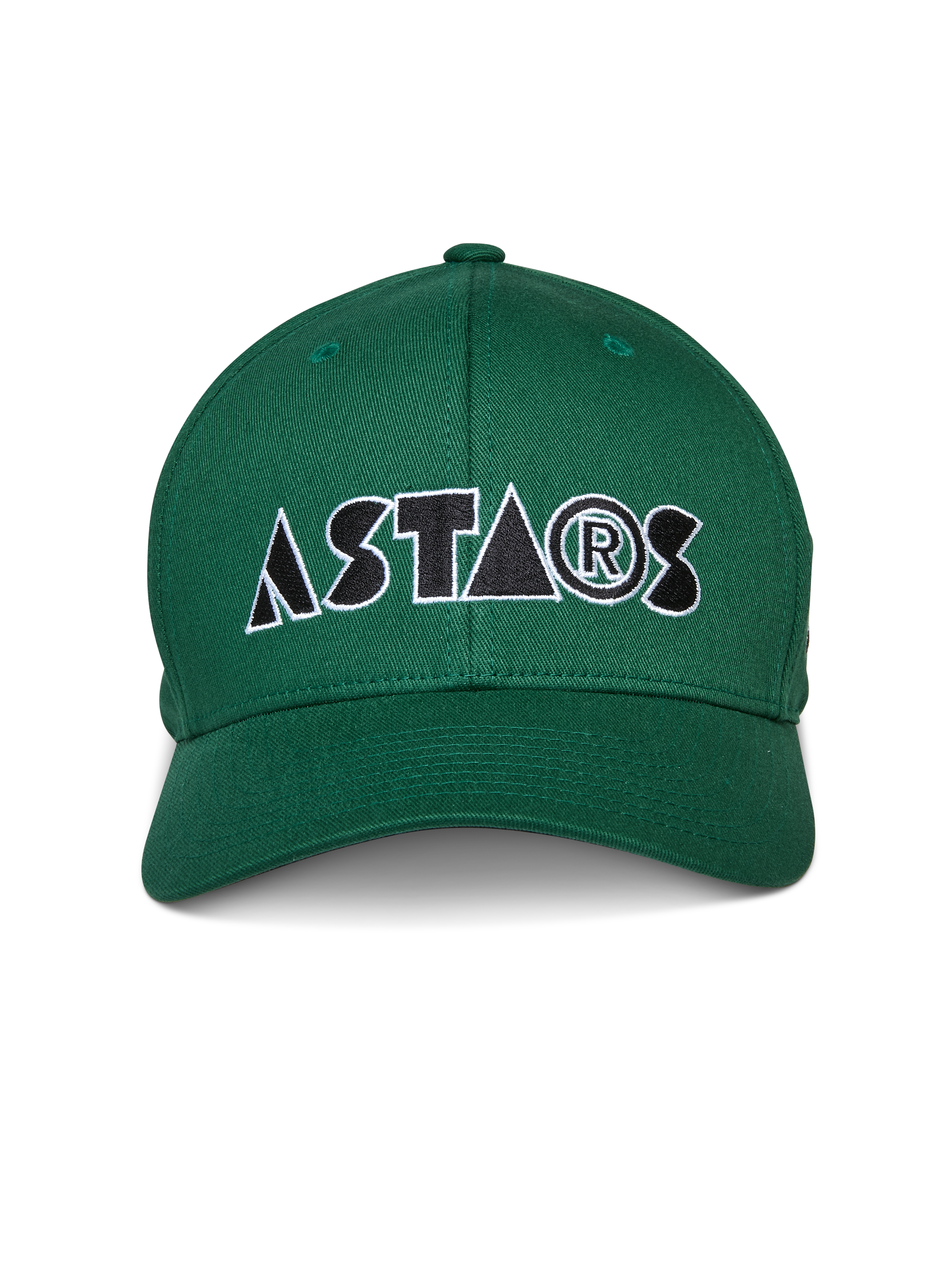 Cappello Alpinestars Cereal, verde, cappellino da baseball con visiera curva, logo "ASTARS" stilizzato ricamato frontalmente in bianco e nero, abbigliamento sportivo casual