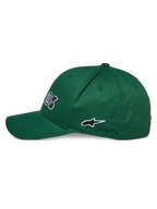 Cappello Alpinestars Cereal, verde, vista di profilo, con visiera curva e logo a stella ricamato in bianco e nero, copricapo sportivo casual