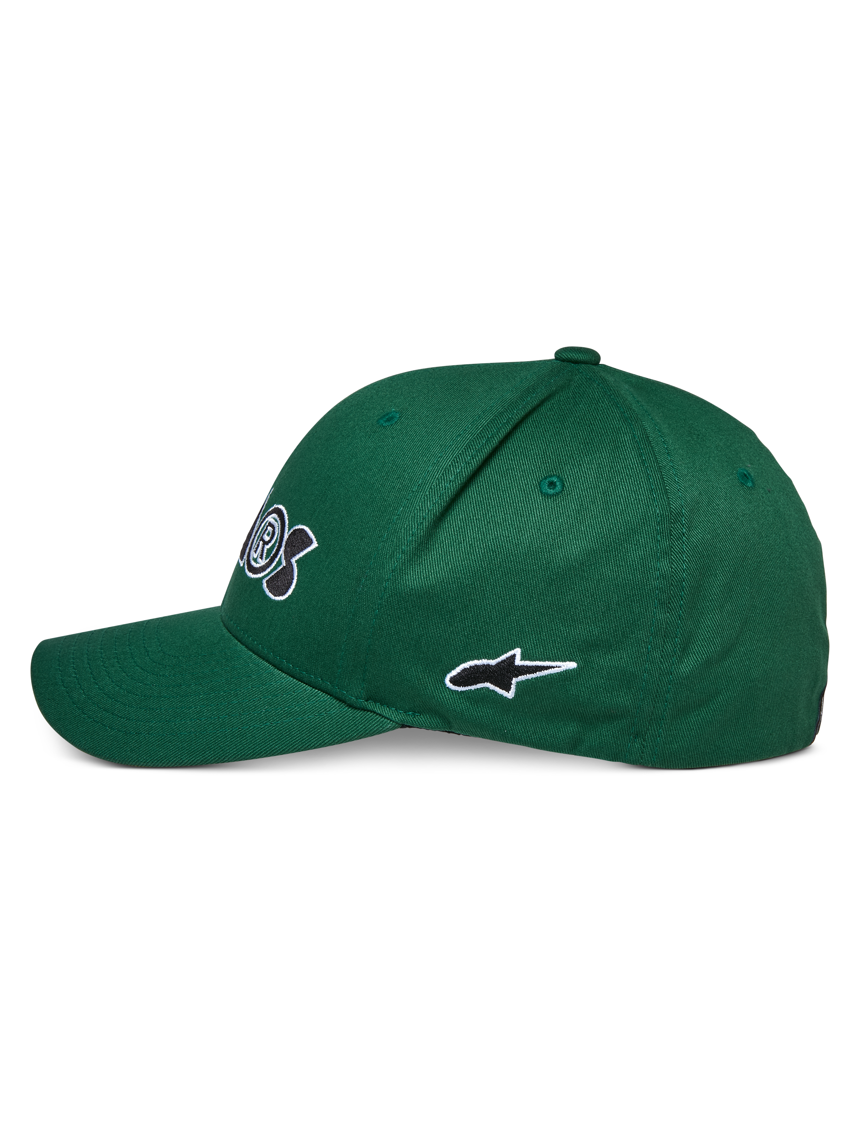 Cappello Alpinestars Cereal, verde, vista di profilo, con visiera curva e logo a stella ricamato in bianco e nero, copricapo sportivo casual