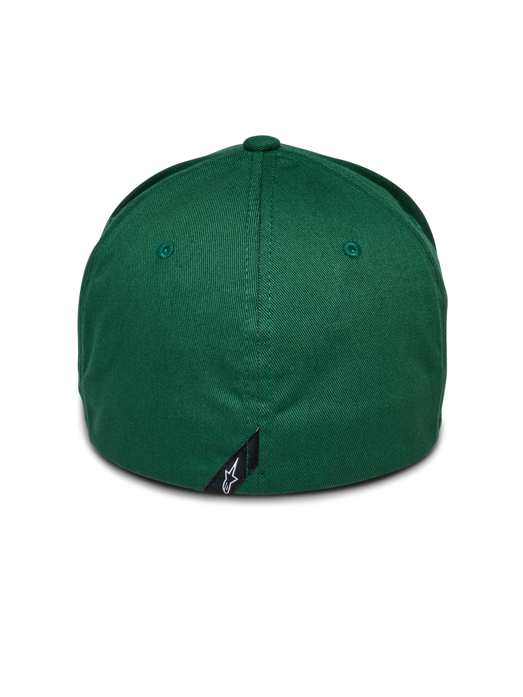 Cappello Alpinestars Cereal, verde, vista posteriore di cappello da baseball con retro flessibile, con piccola etichetta nera del logo Alpinestars sulla cucitura posteriore, corona strutturata in tessuto twill elasticizzato