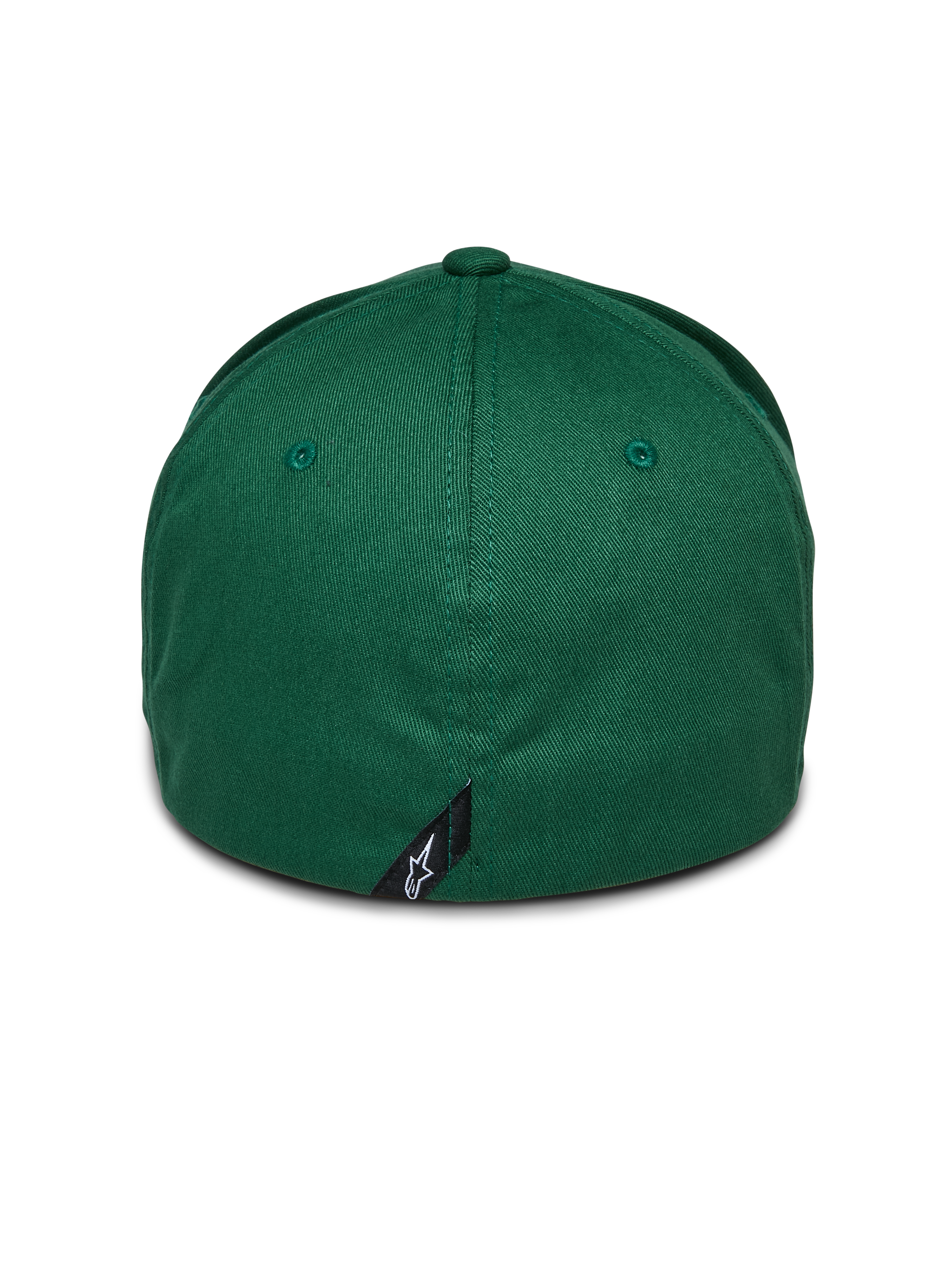 Cappello Alpinestars Cereal, verde, vista posteriore di cappello da baseball con retro flessibile, con piccola etichetta nera del logo Alpinestars sulla cucitura posteriore, corona strutturata in tessuto twill elasticizzato