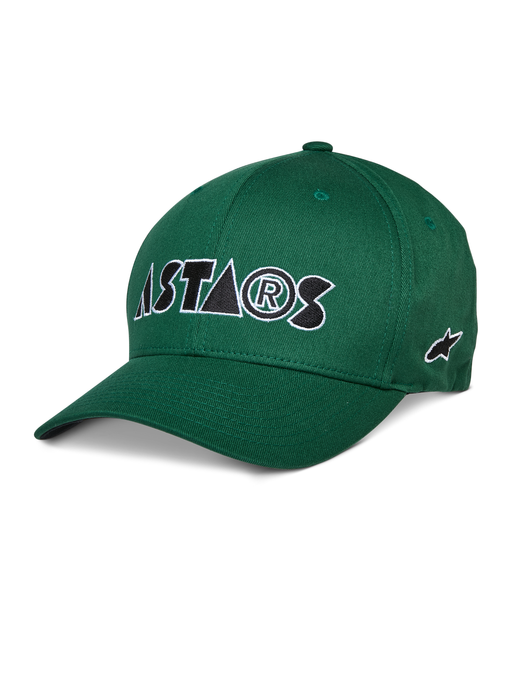 Alpinestars Cereal Hat, cappellino da baseball verde, logo ASTARS ricamato bianco e nero, visiera curva, corona strutturata, abbigliamento sportivo casual