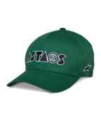 Alpinestars Cereal Hat, cappellino da baseball verde, logo ASTARS ricamato bianco e nero, visiera curva, corona strutturata, abbigliamento sportivo casual