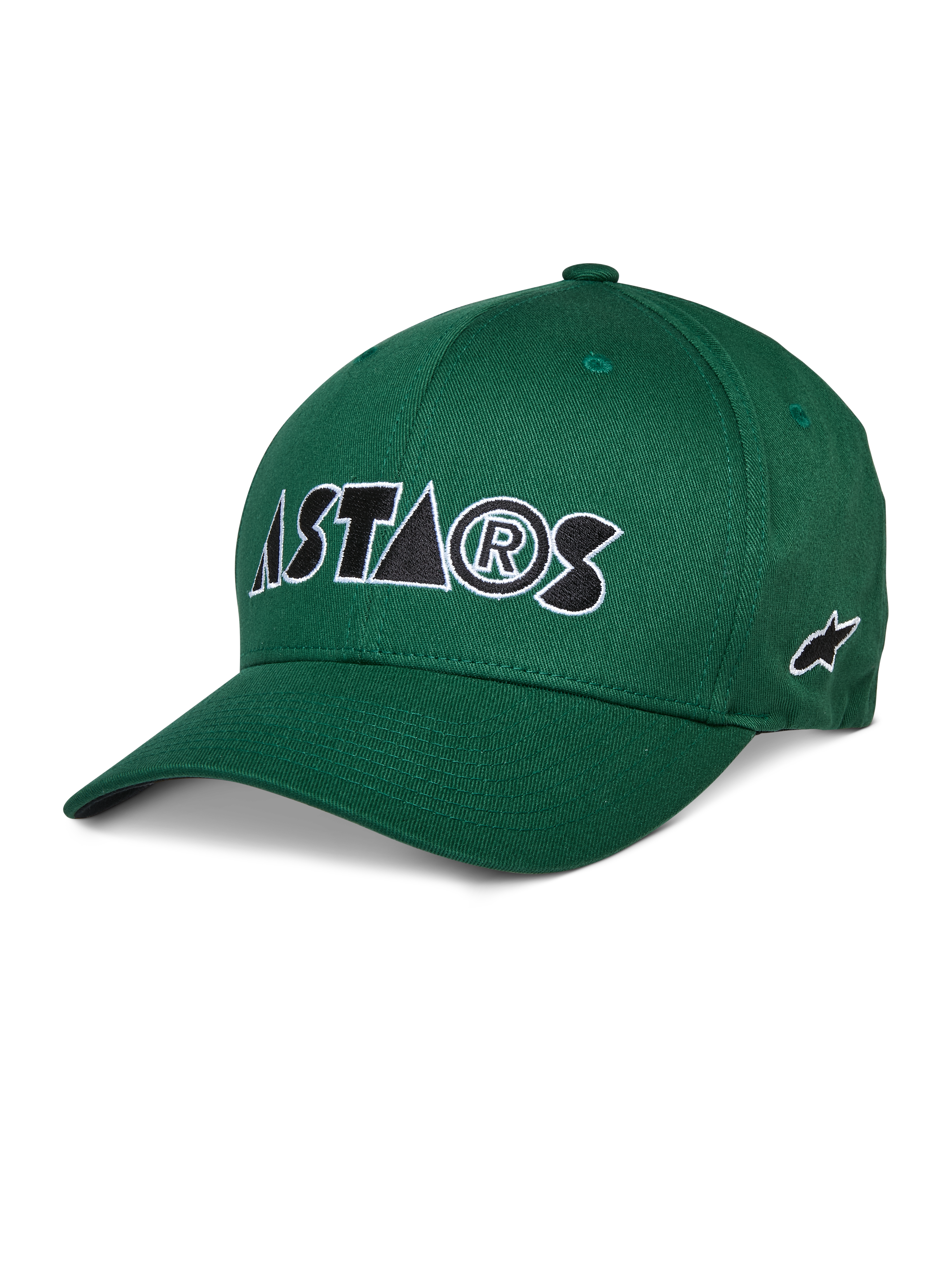 Alpinestars Cereal Hat, cappellino da baseball verde, logo ASTARS ricamato bianco e nero, visiera curva, corona strutturata, abbigliamento sportivo casual