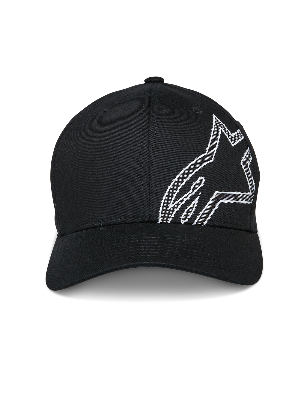 Alpinestars Cappello Share, cappello da baseball, nero, con grande contorno del logo Astars in stampa HD a rilievo bianca sul lato, visiera curva, corona strutturata, abbigliamento sportivo casual ispirato al motorsport