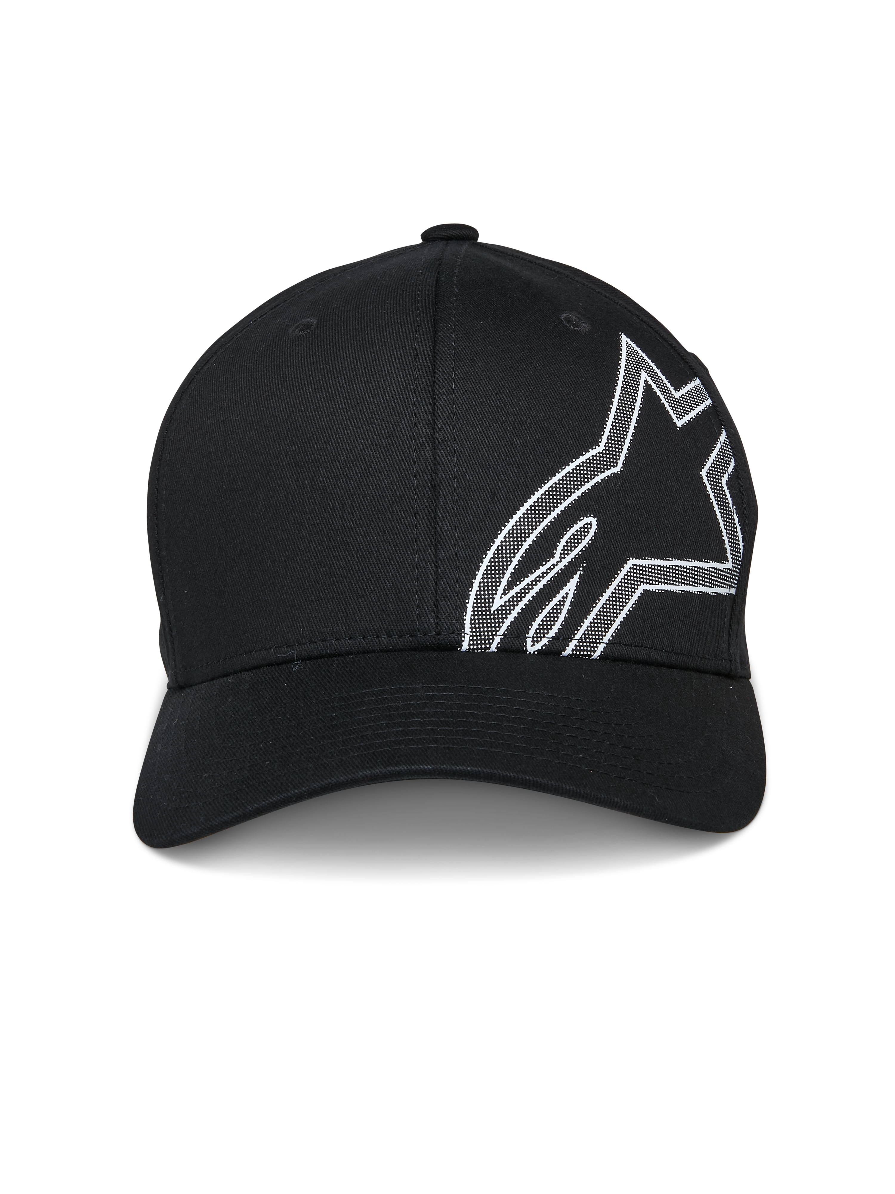 Alpinestars Cappello Share, cappello da baseball, nero, con grande contorno del logo Astars in stampa HD a rilievo bianca sul lato, visiera curva, corona strutturata, abbigliamento sportivo casual ispirato al motorsport