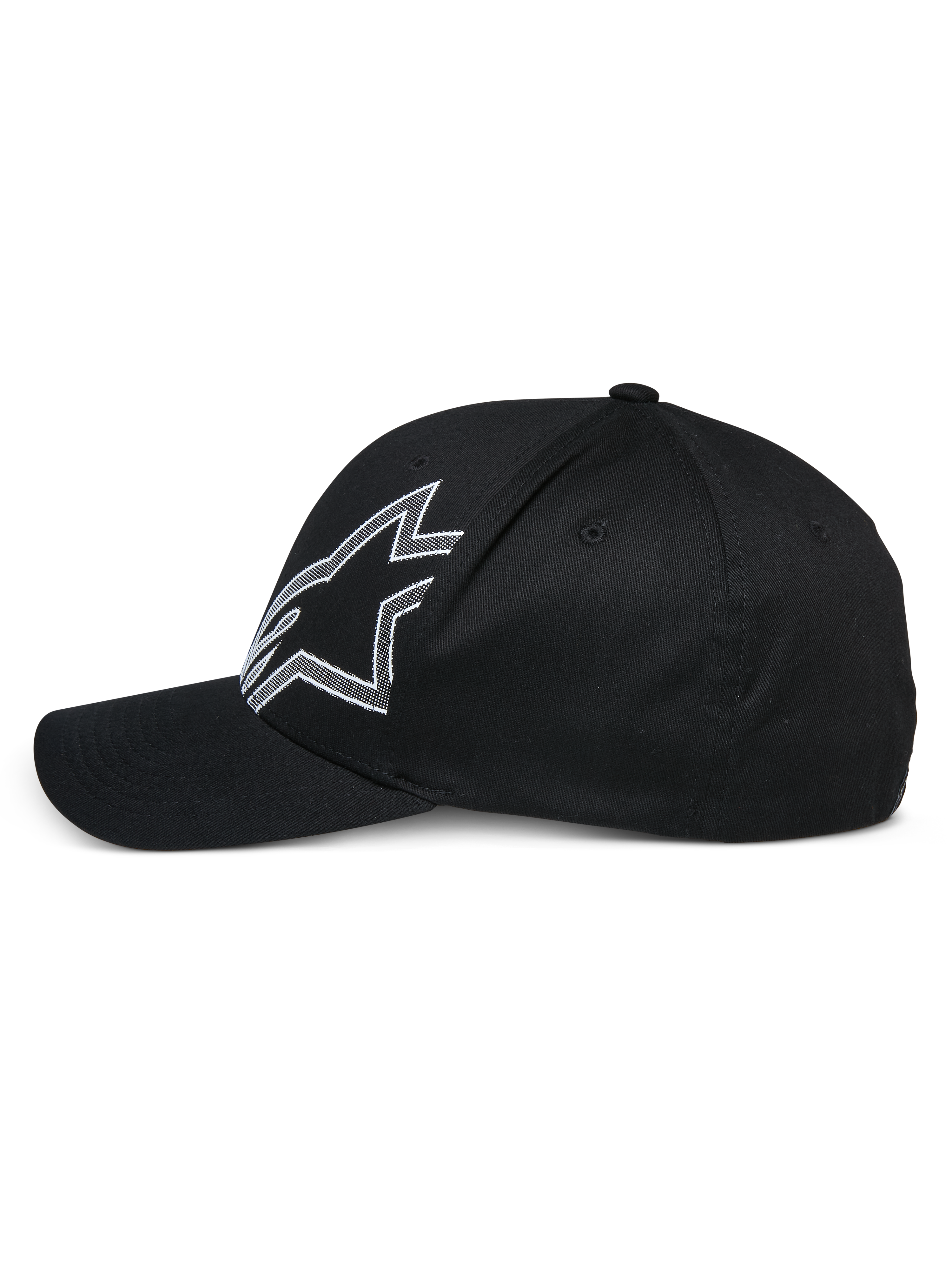 Alpinestars Share Hat, cappellino da baseball nero, vista laterale di profilo, con un grande logo Astars profilato in bianco, visiera curva, corona strutturata, accessorio casual ispirato al motorsport