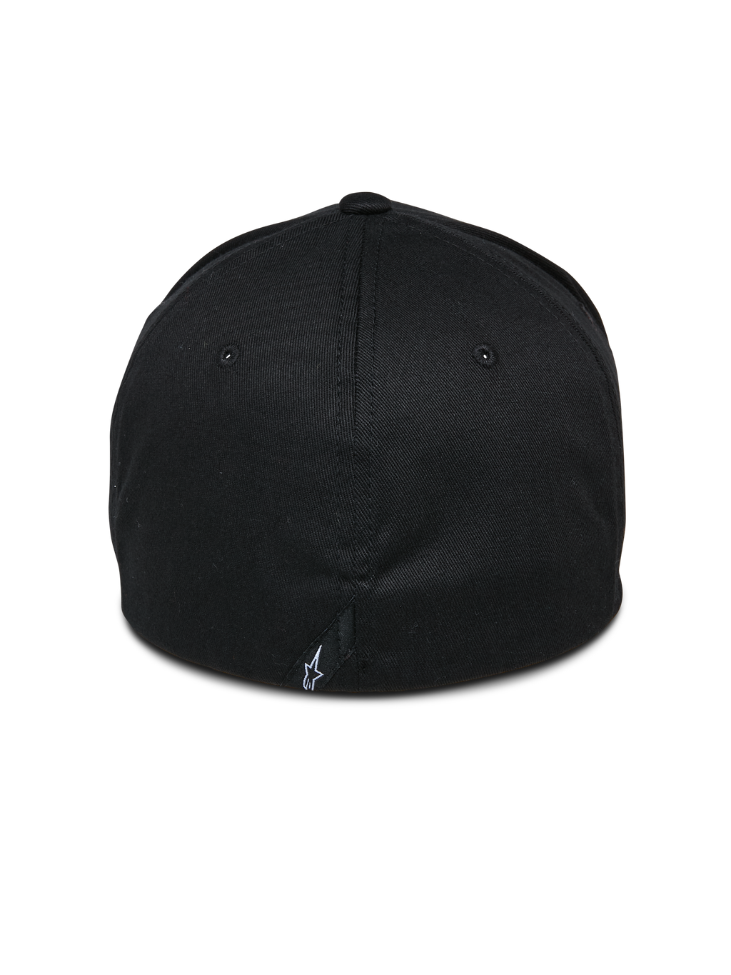 Cappello Alpinestars Share, nero, vista posteriore con costruzione chiusa flex-back, piccolo logo Astars bianco sulla cucitura posteriore, streetwear casual ispirato al motorsport