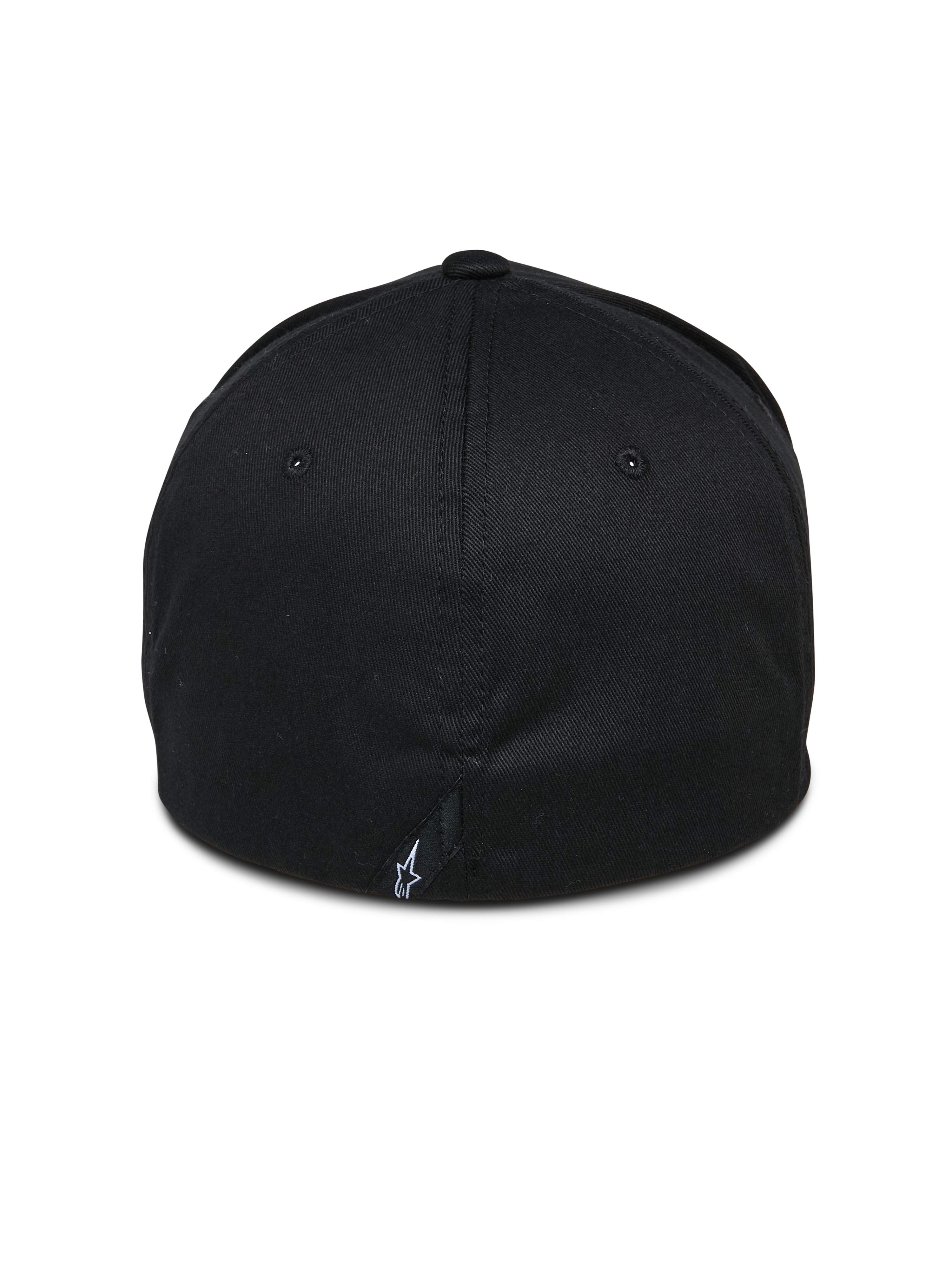 Cappello Alpinestars Share, nero, vista posteriore con costruzione chiusa flex-back, piccolo logo Astars bianco sulla cucitura posteriore, streetwear casual ispirato al motorsport