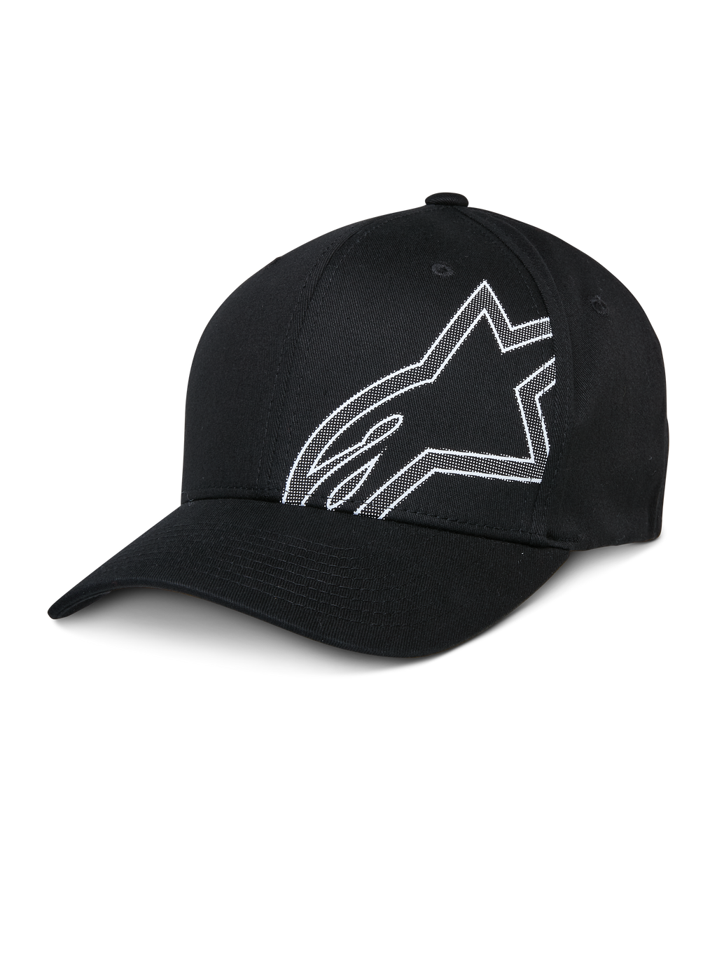 Alpinestars Share Hat, cappello da baseball nero, logo Astars con contorno bianco, visiera curva, corona strutturata, abbigliamento sportivo casual