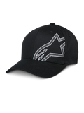 Alpinestars Share Hat, cappello da baseball nero, logo Astars con contorno bianco, visiera curva, corona strutturata, abbigliamento sportivo casual