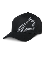 Alpinestars Share Hat, cappello da baseball nero, logo Astars con contorno bianco, visiera curva, corona strutturata, abbigliamento sportivo casual